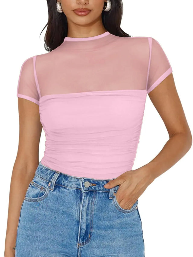 Mesh Mock Neck Short Sleeve T-Shirt