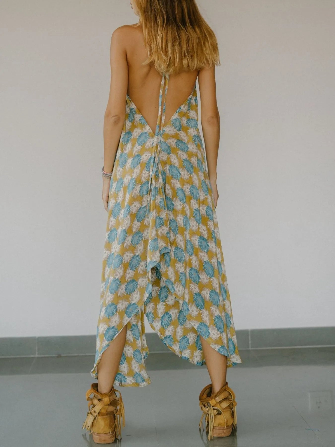 Asymmetrical Hem Printed Halter Neck Dress - Backless.