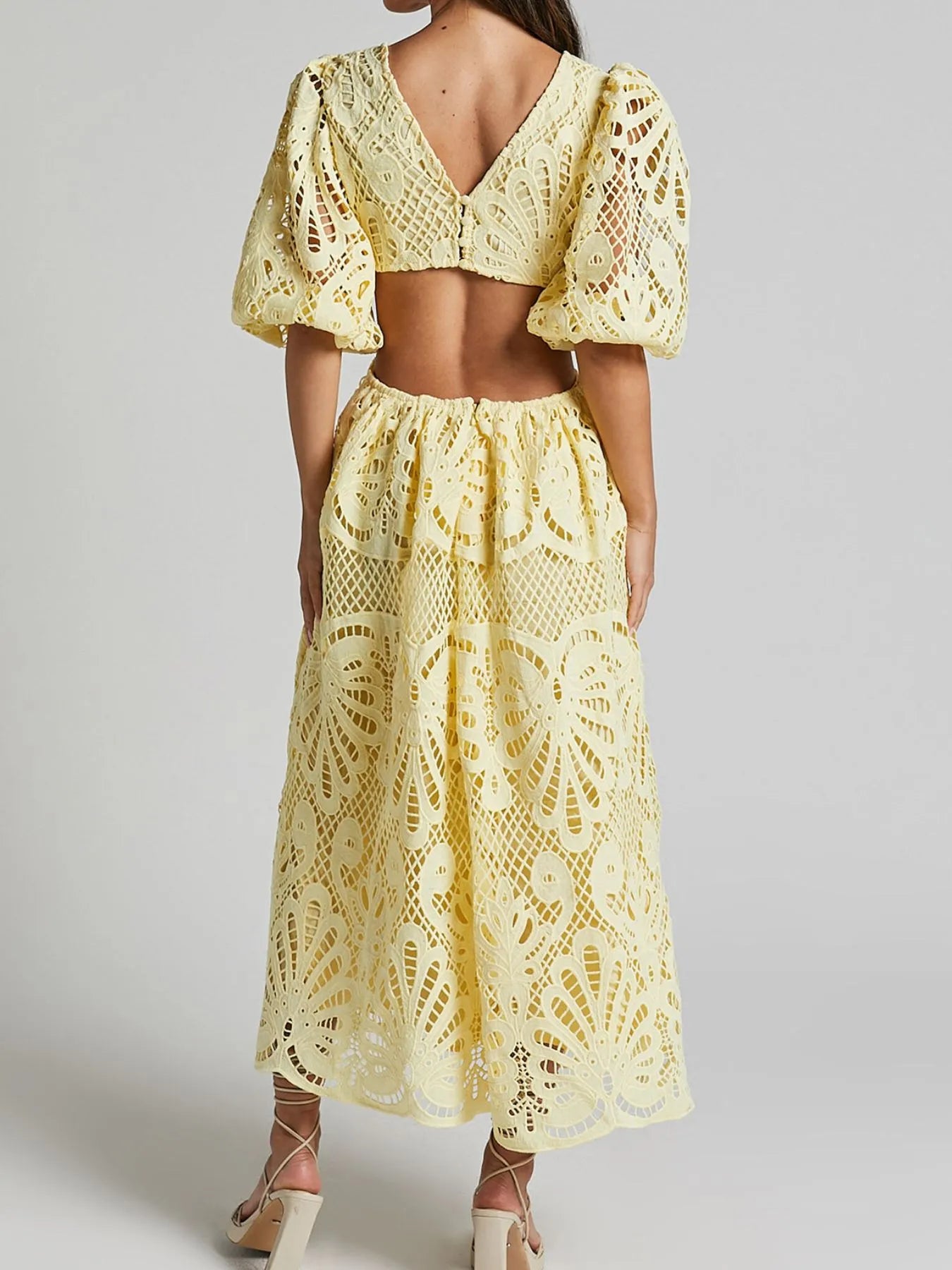 Cutout Back Lace Crochet V-Neck Dress.