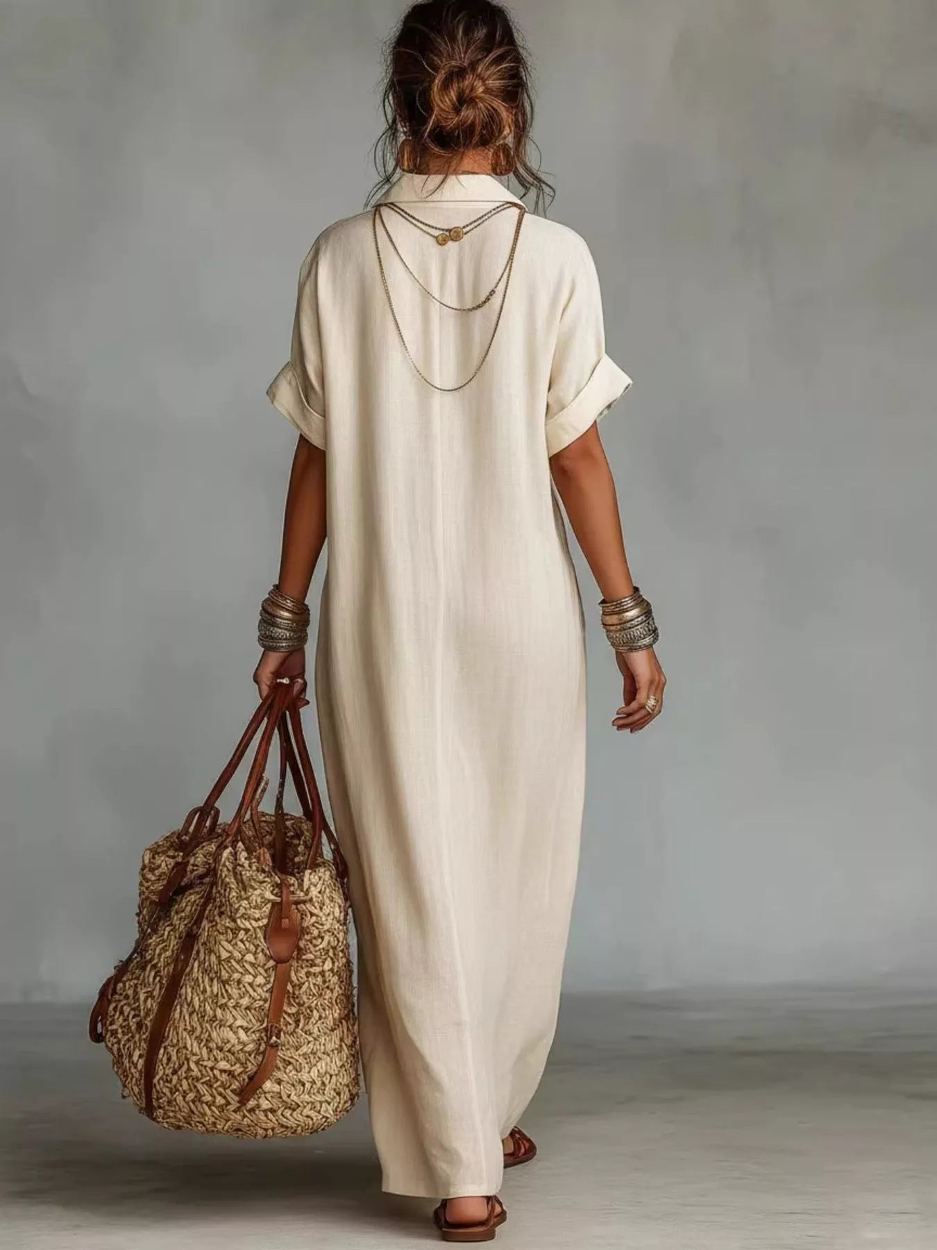 Bohemian embroidered maxi dress with short sleeves and V-neck, shown in apricot, black, blue, green and yellow