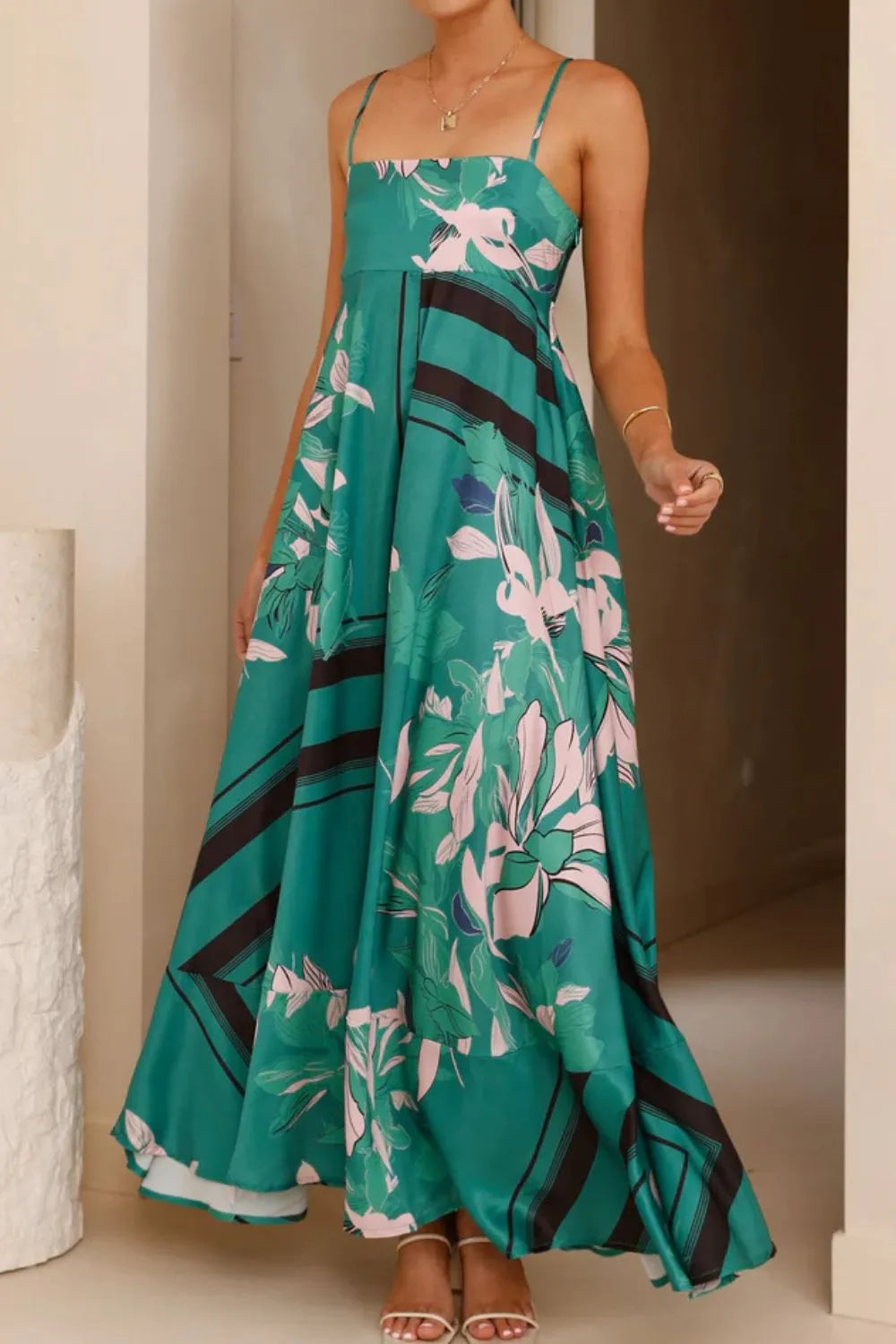 Printed Square Neck Maxi Cami Dress - Basic.