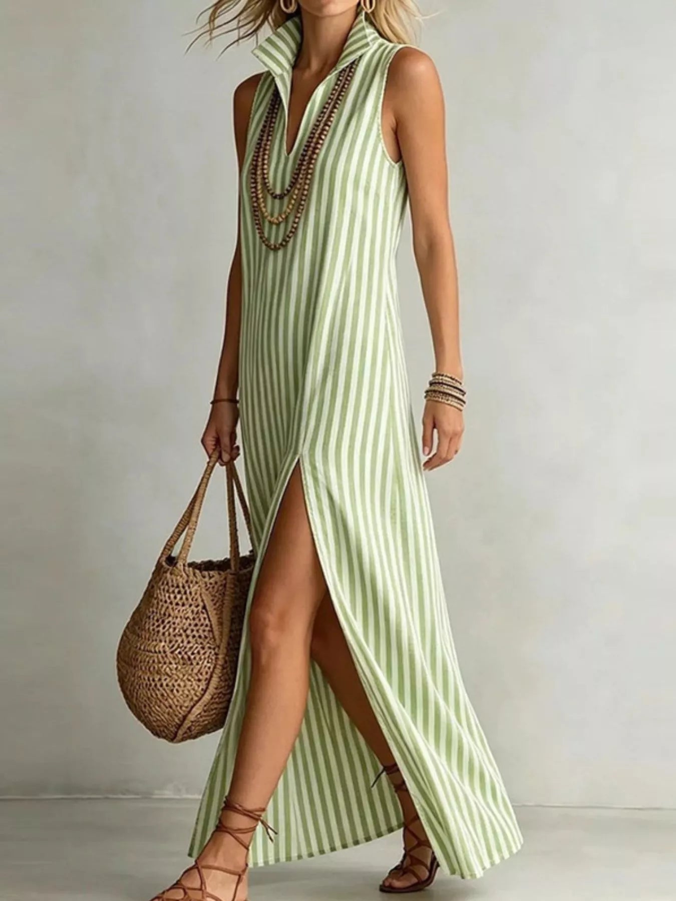 Plus-size striped polyester maxi dress with sleeveless collared design and high front slit