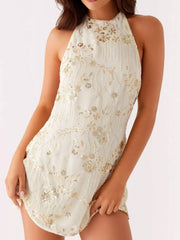 Backless Embroidered Halter Neck Mini Dress - Tied.