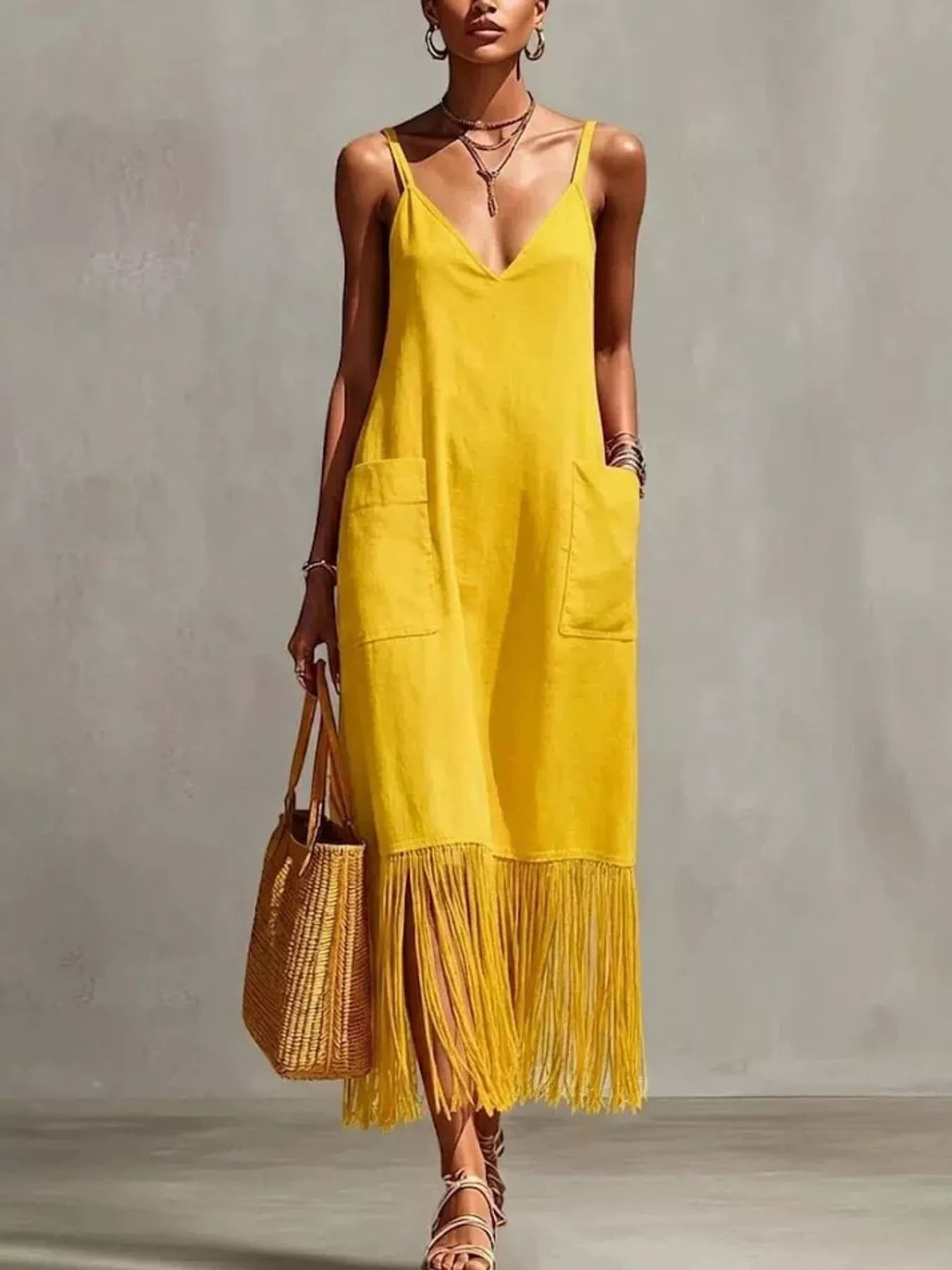 Plus-size V-neck spaghetti strap midi dress with fringe hem and pockets