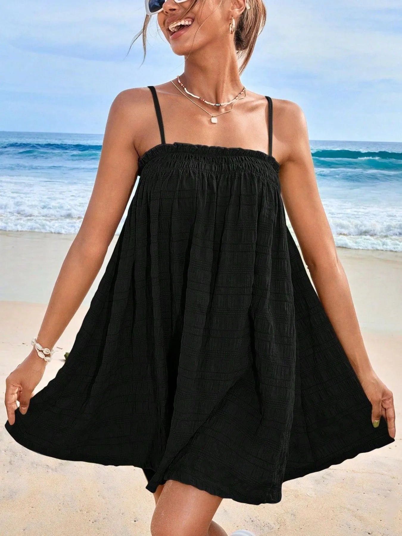 Frill Tiered Tie Shoulder Mini Dress - Lined.
