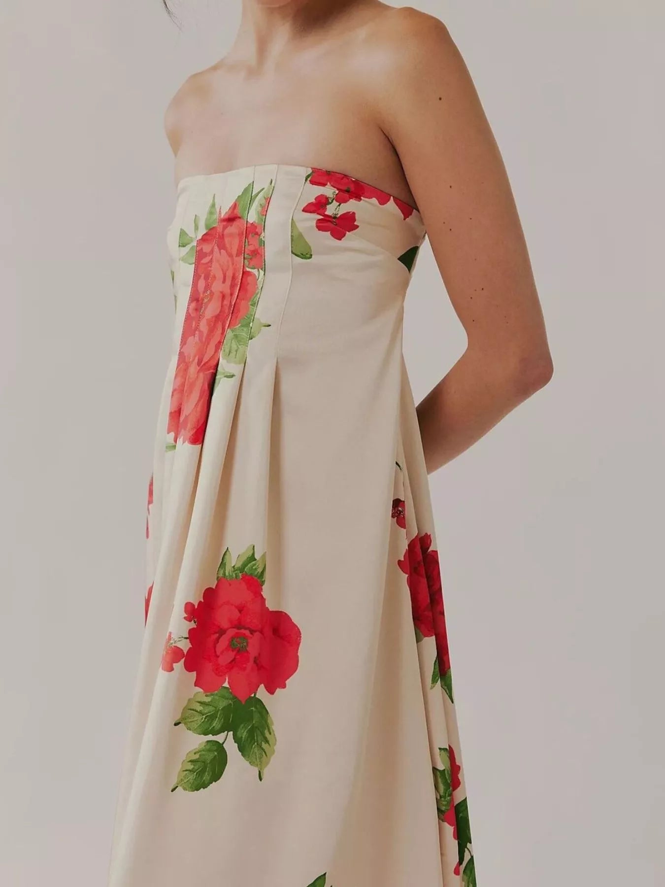 Floral Print Smocked Midi Dress with Front Slit - Ruffled & Tied.