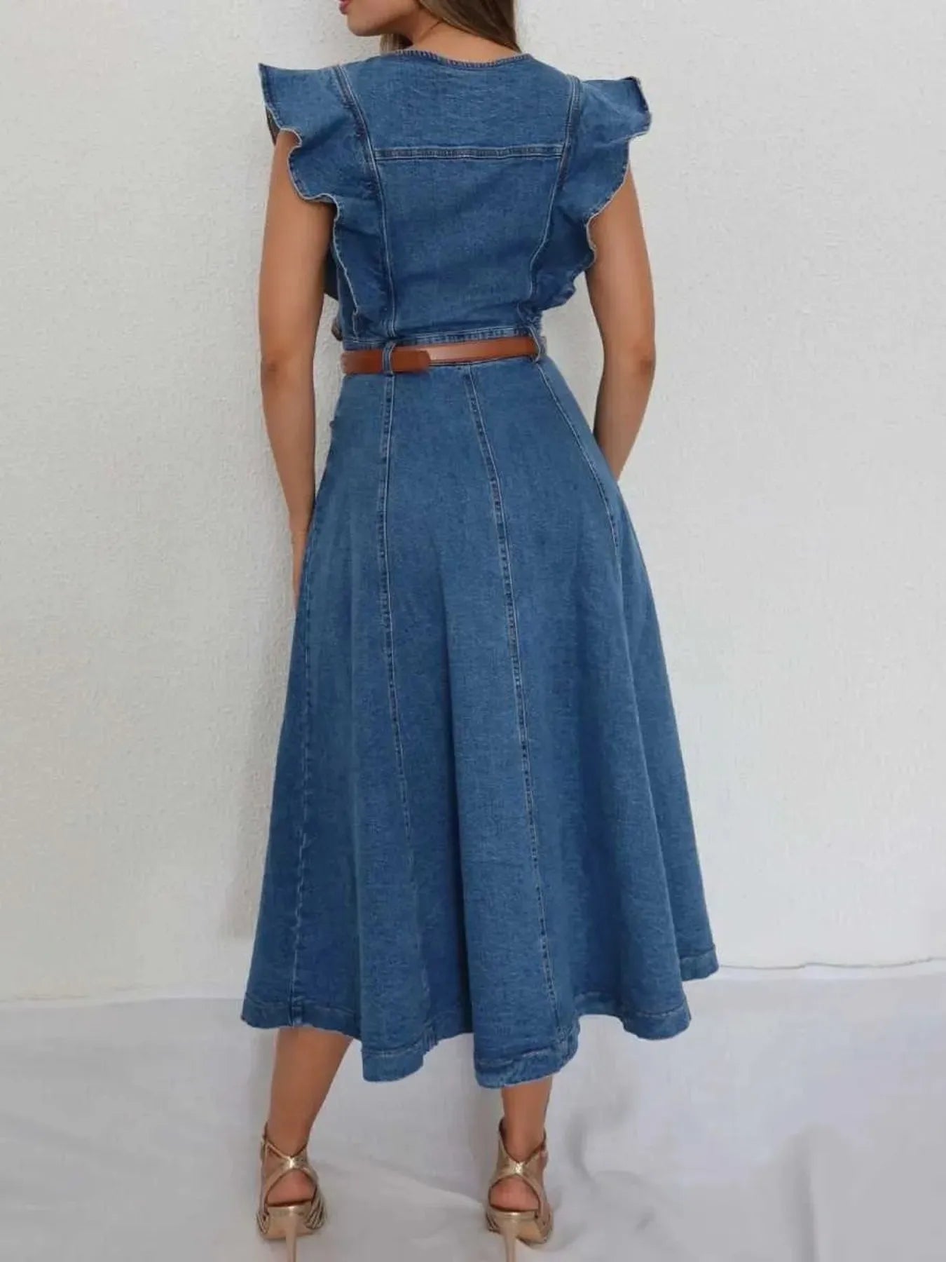 Button-Front Ruffle Sleeve Denim Midi Dress - Belted.