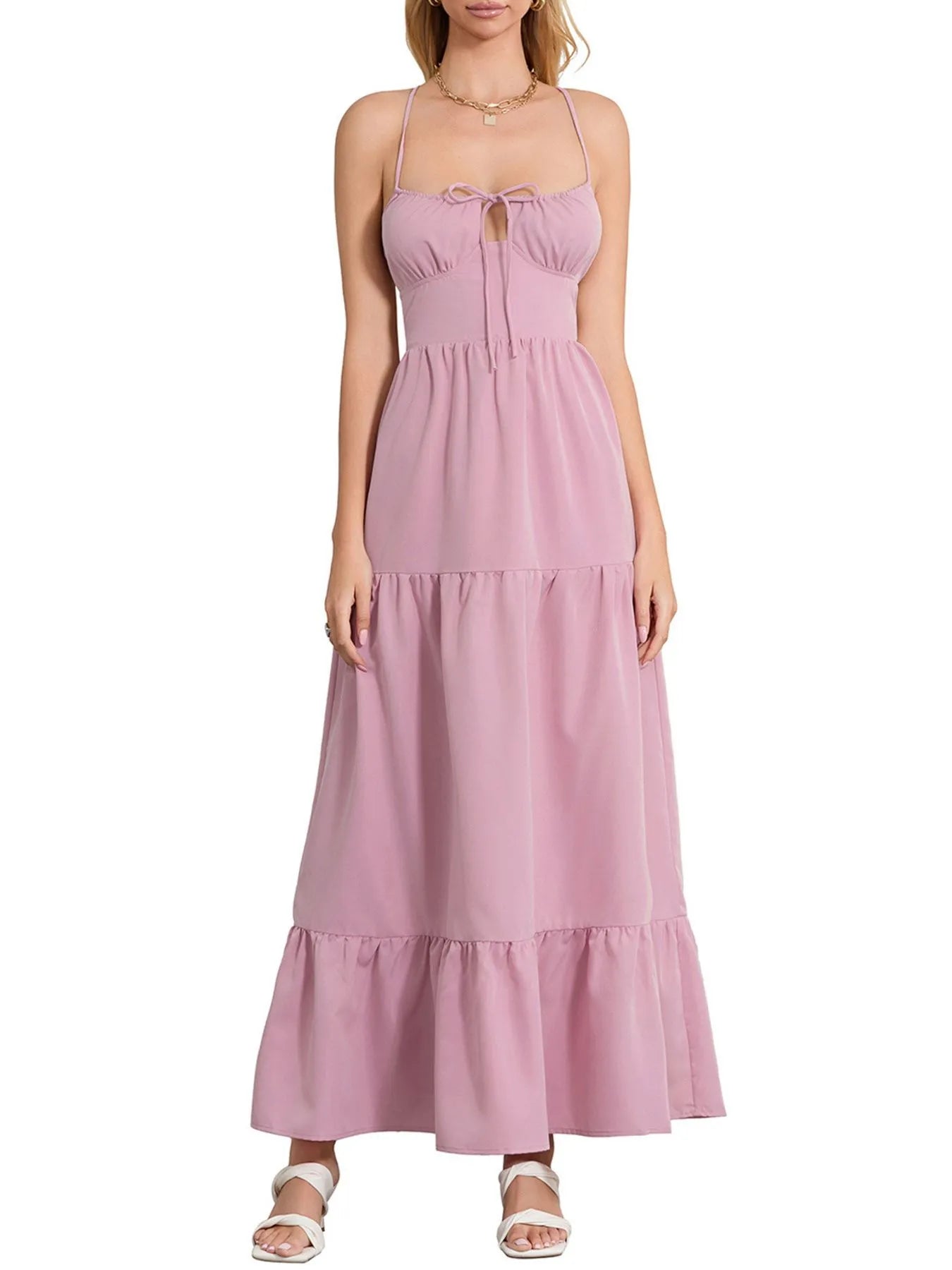 Tiered Maxi Cami Dress with Ruffled Hem - Backless & Tied.