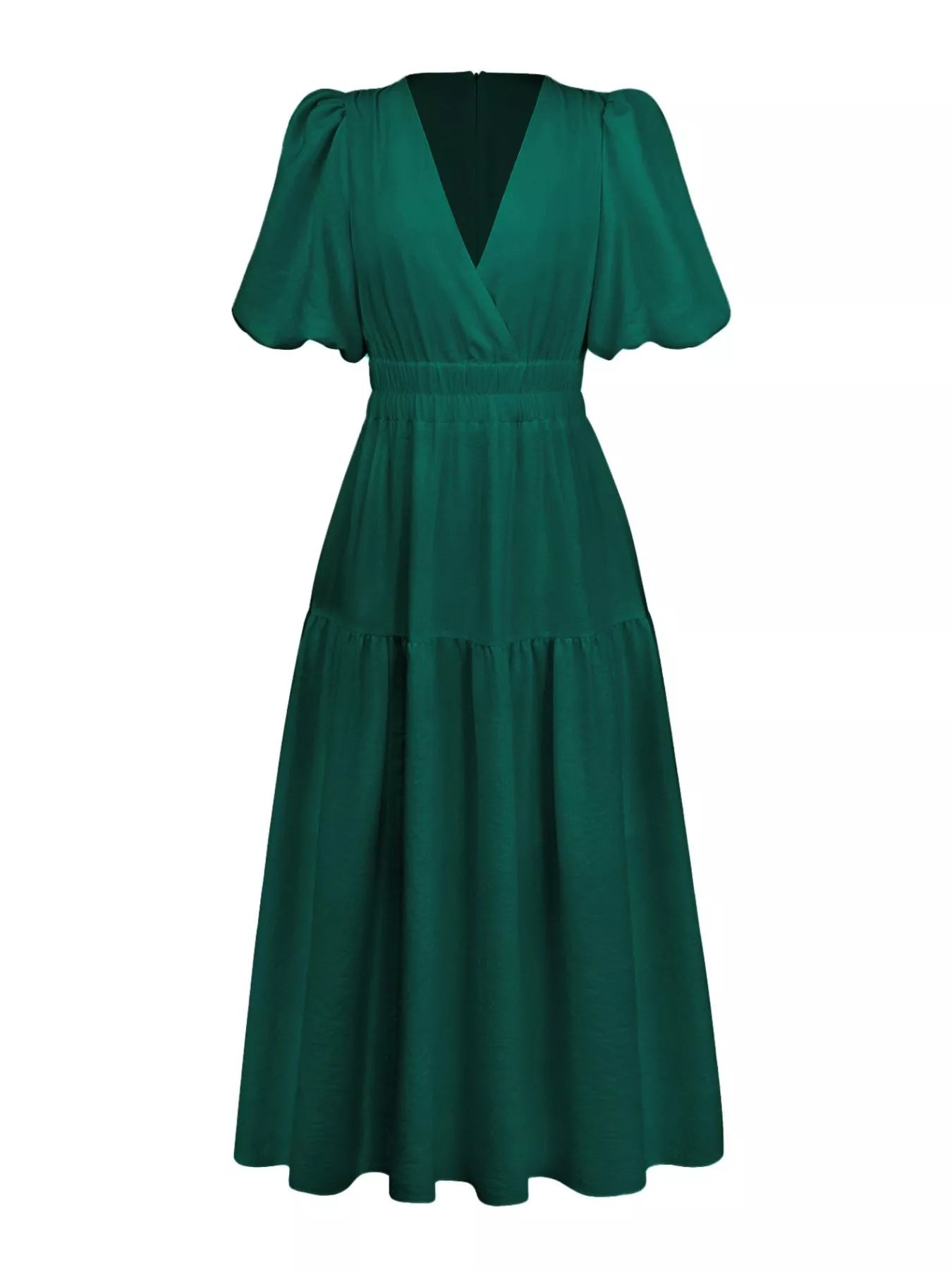 Cream tiered midi dress with a V-neck, smocked waist, and short puff sleeves
