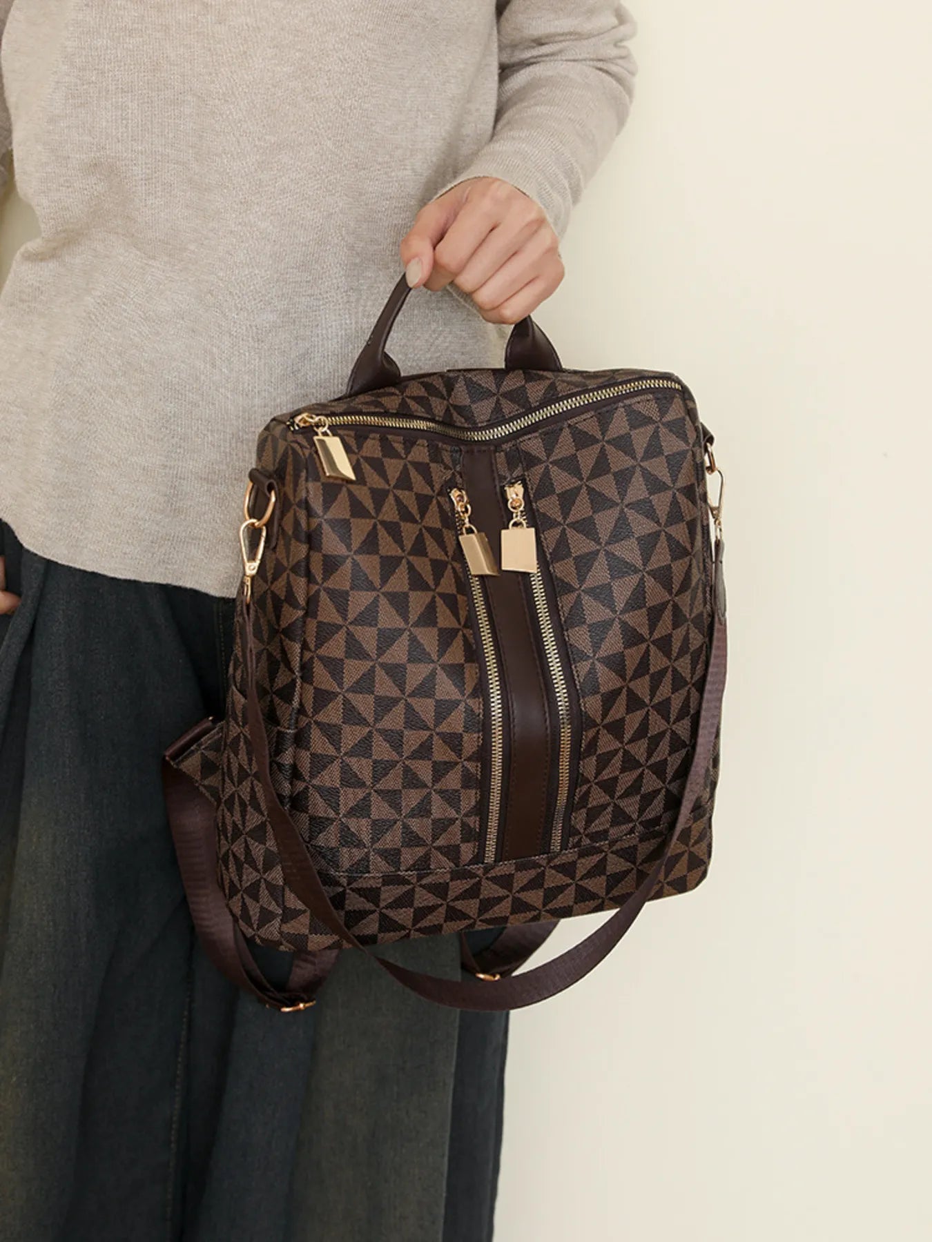 Geometric Pattern Backpack Bag - Medium PU Leather.