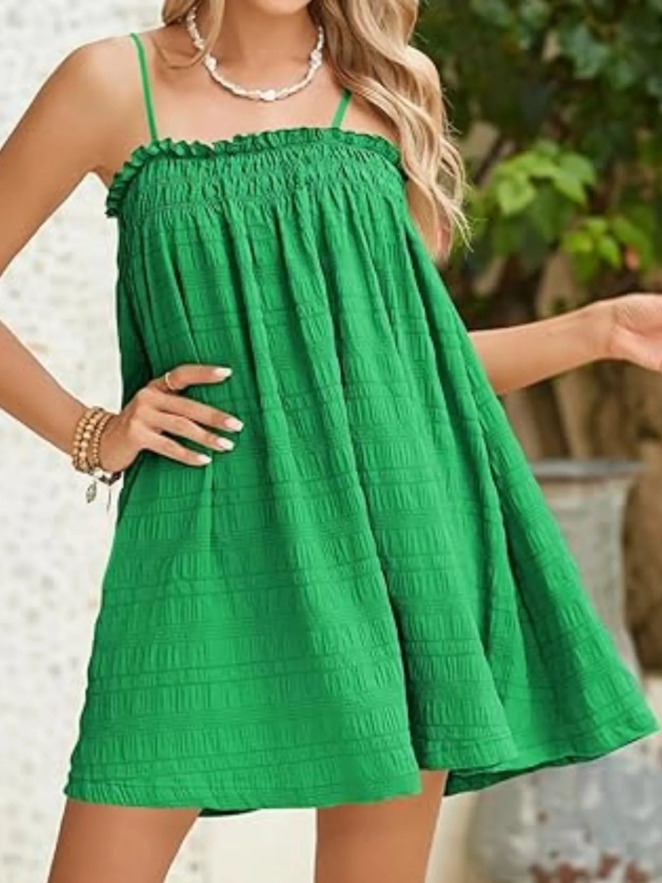 Frill Tiered Tie Shoulder Mini Dress - Lined.