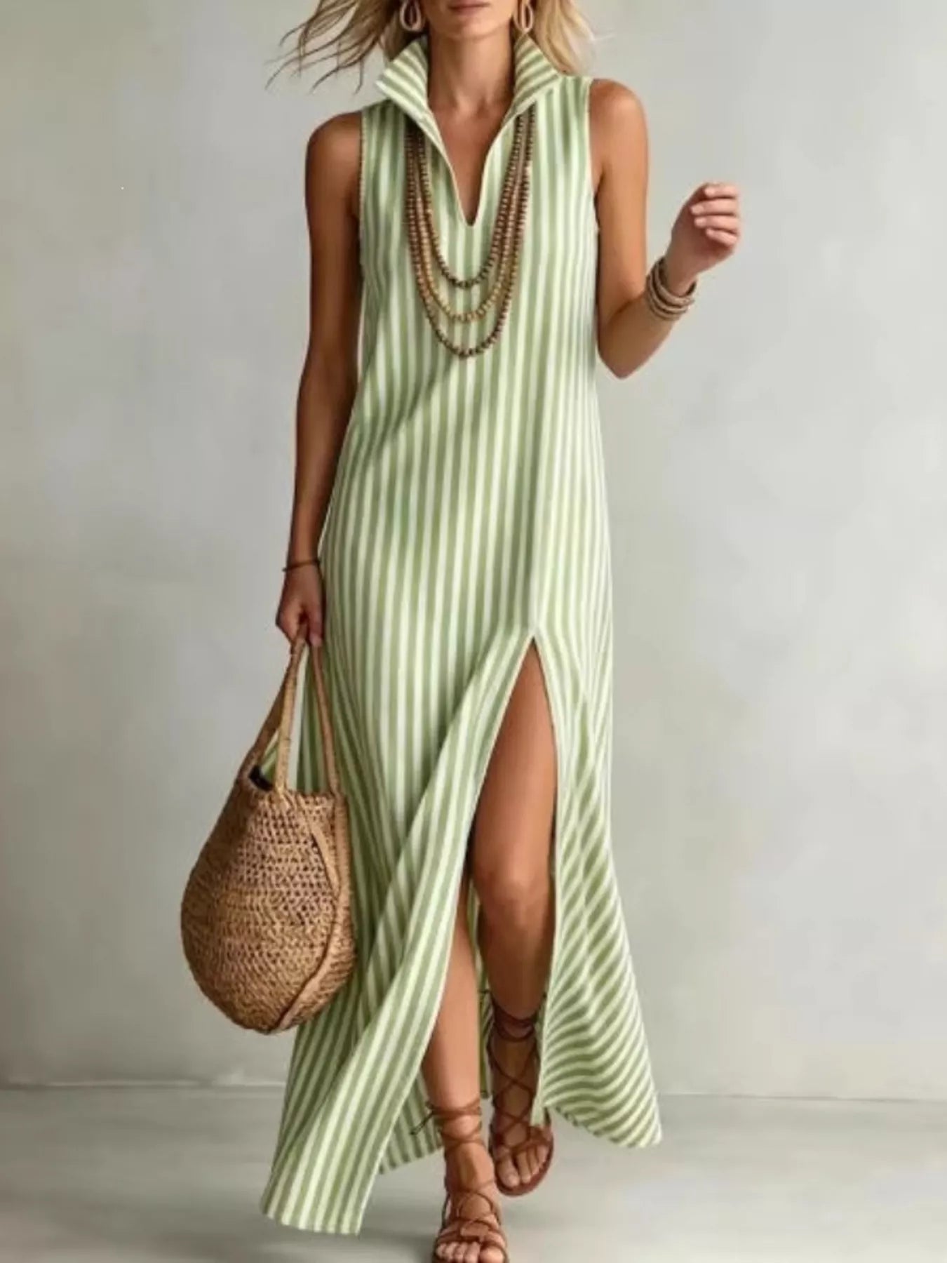Plus-size striped polyester maxi dress with sleeveless collared design and high front slit