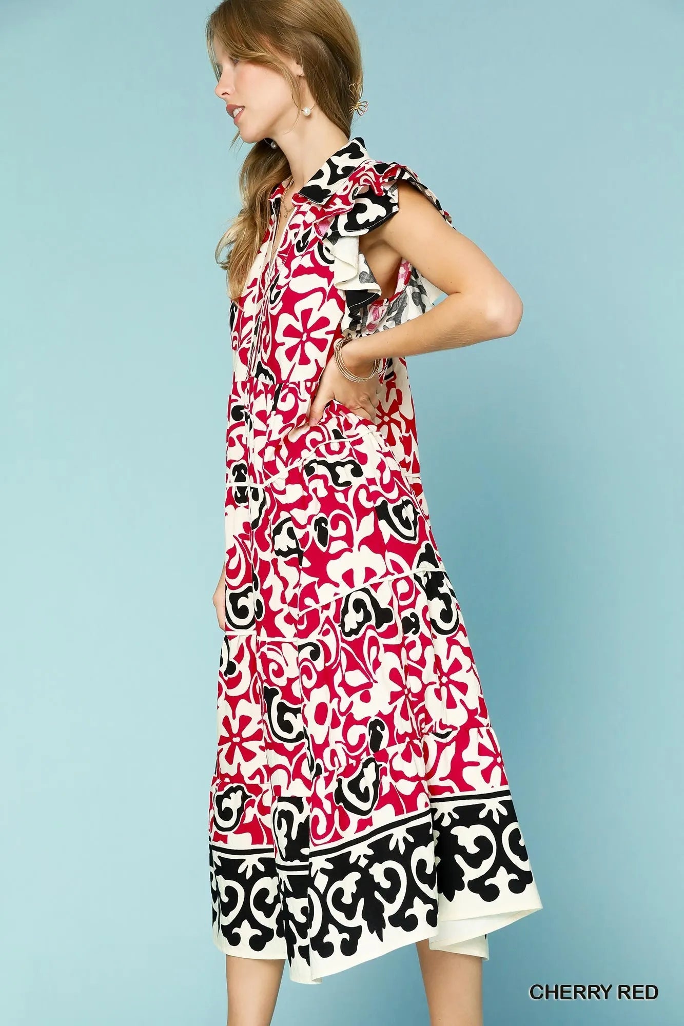 Printed Ruffled Layered Tube Dress with Zipper.