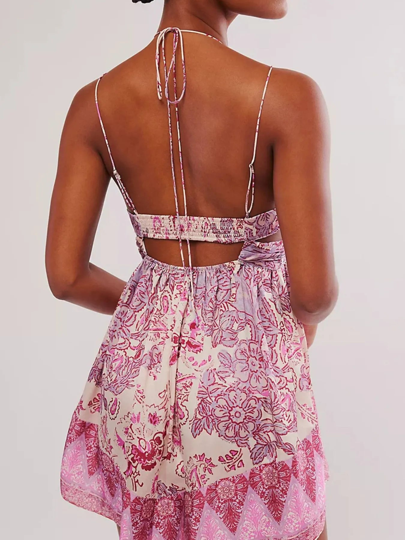 Floral Print Halter Neck Split Maxi Dress - Backless & Smocked.