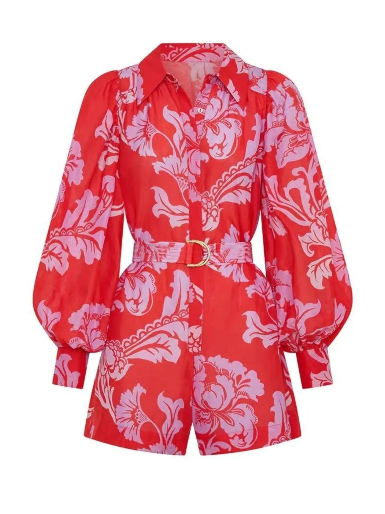 Printed Long Sleeve Belted Romper with Tie and Buttons.