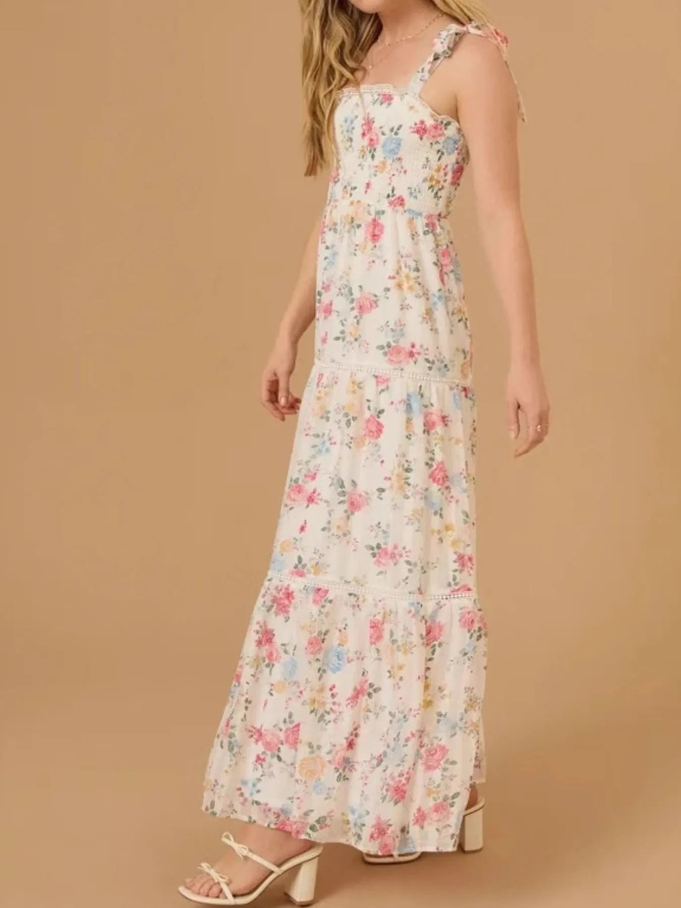 Floral Smocked Tie-Shoulder Midi Dress - Tiered.