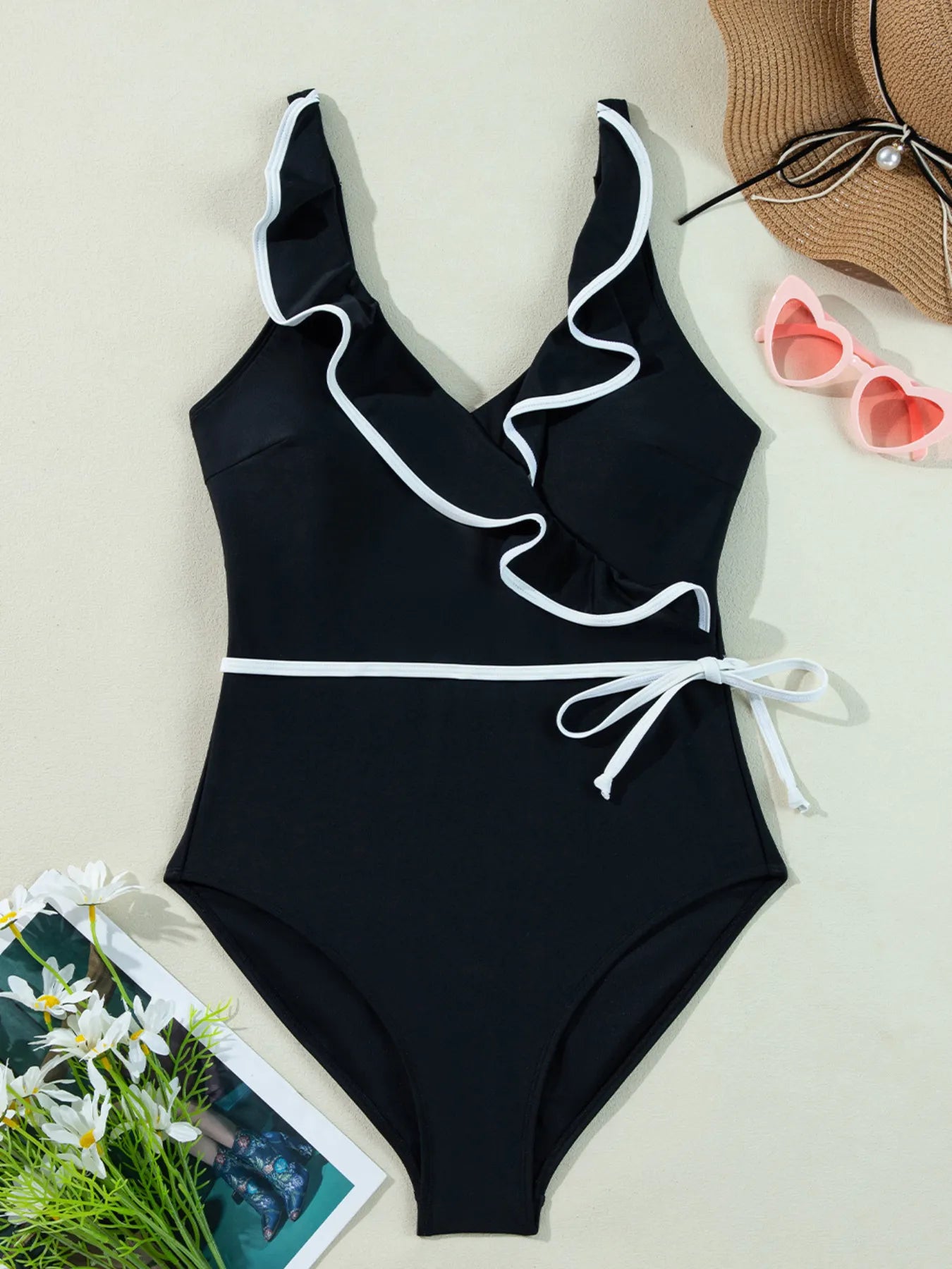 Ruffle Trim V-Neck One-Piece Swimsuit with Removable Padding.