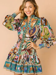 Printed Long Sleeve Shirt Dress with Belt.