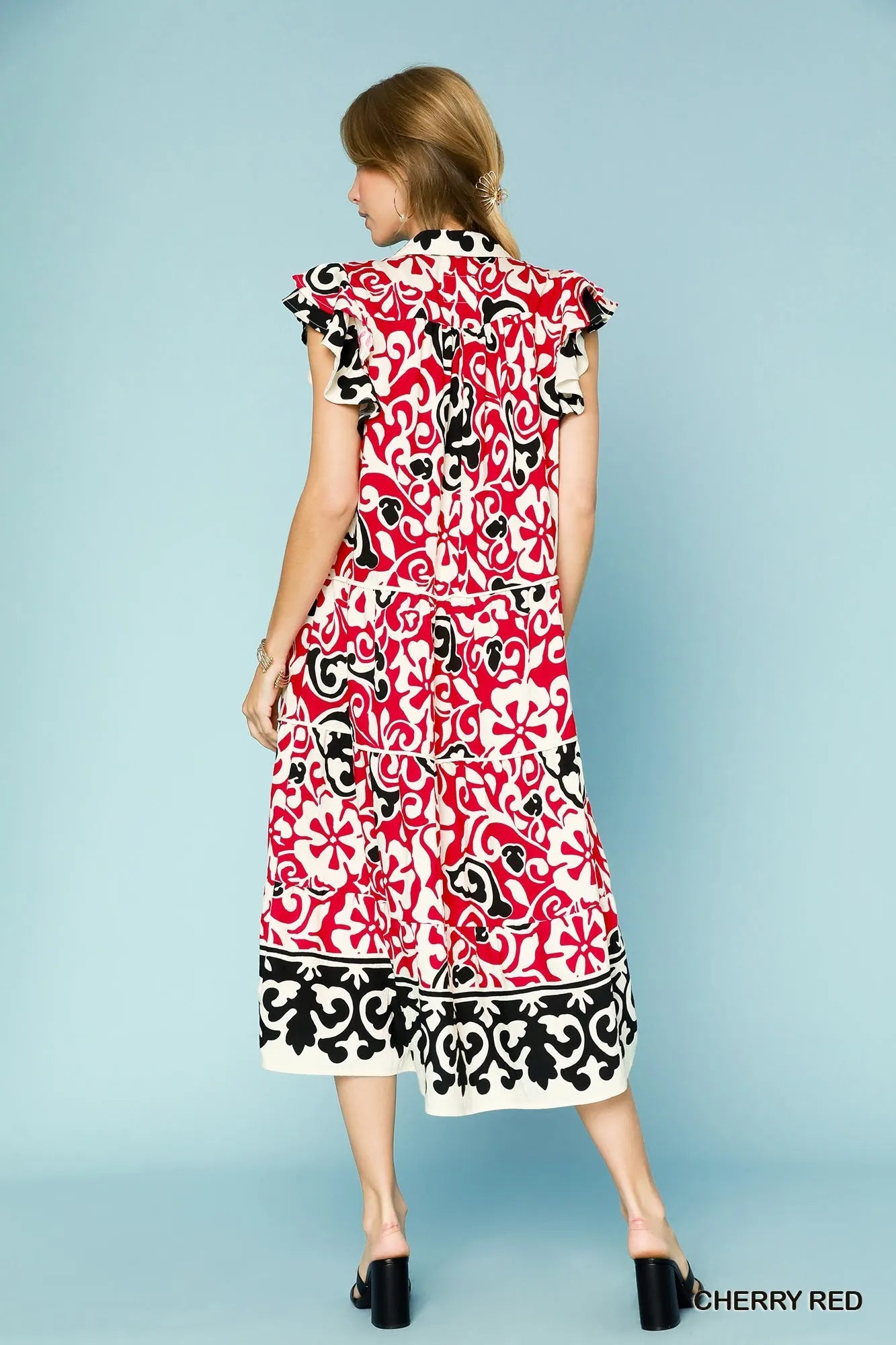 Printed Ruffled Layered Tube Dress with Zipper.