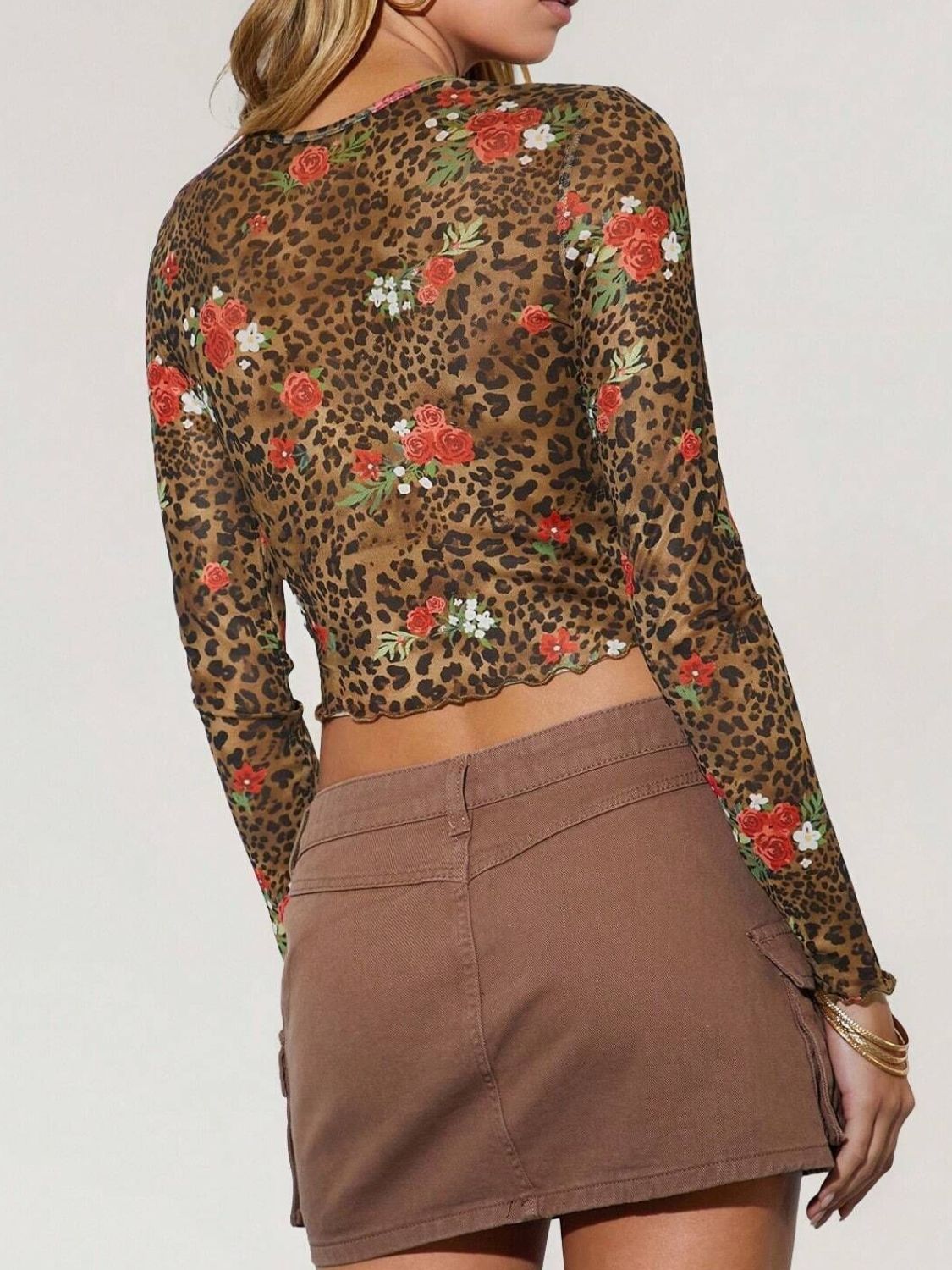 Leopard Floral Round Neck Long Sleeve Mesh T-Shirt