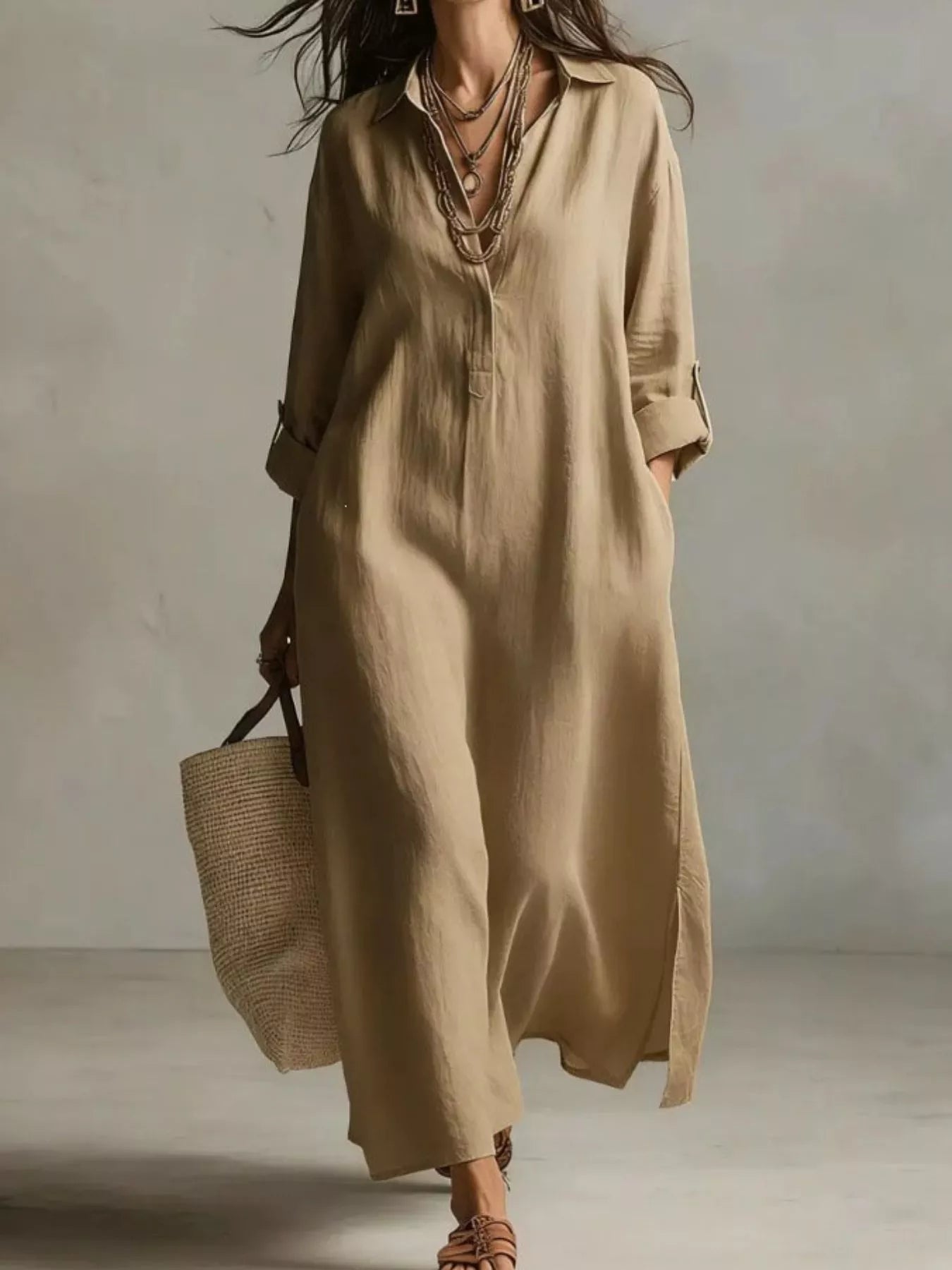 Relaxed plus-size cream midi shirt dress with collar, pockets, button front, and short sleeves