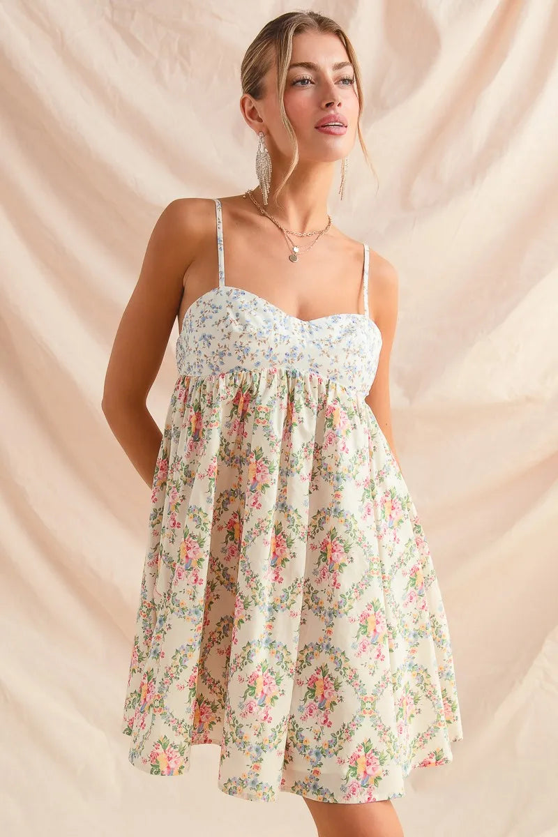 Multi Floral Square Neck Puff Sleeve Maxi Dress with Pockets.