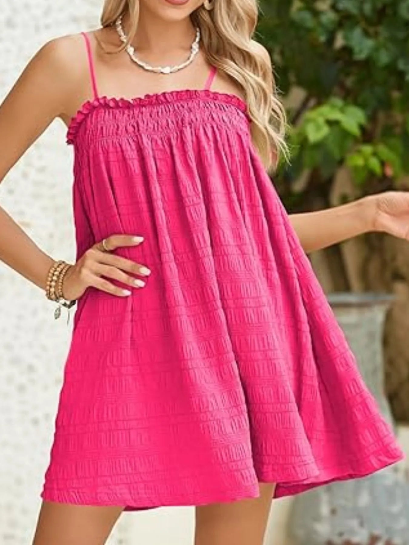 Frill Tiered Tie Shoulder Mini Dress - Lined.