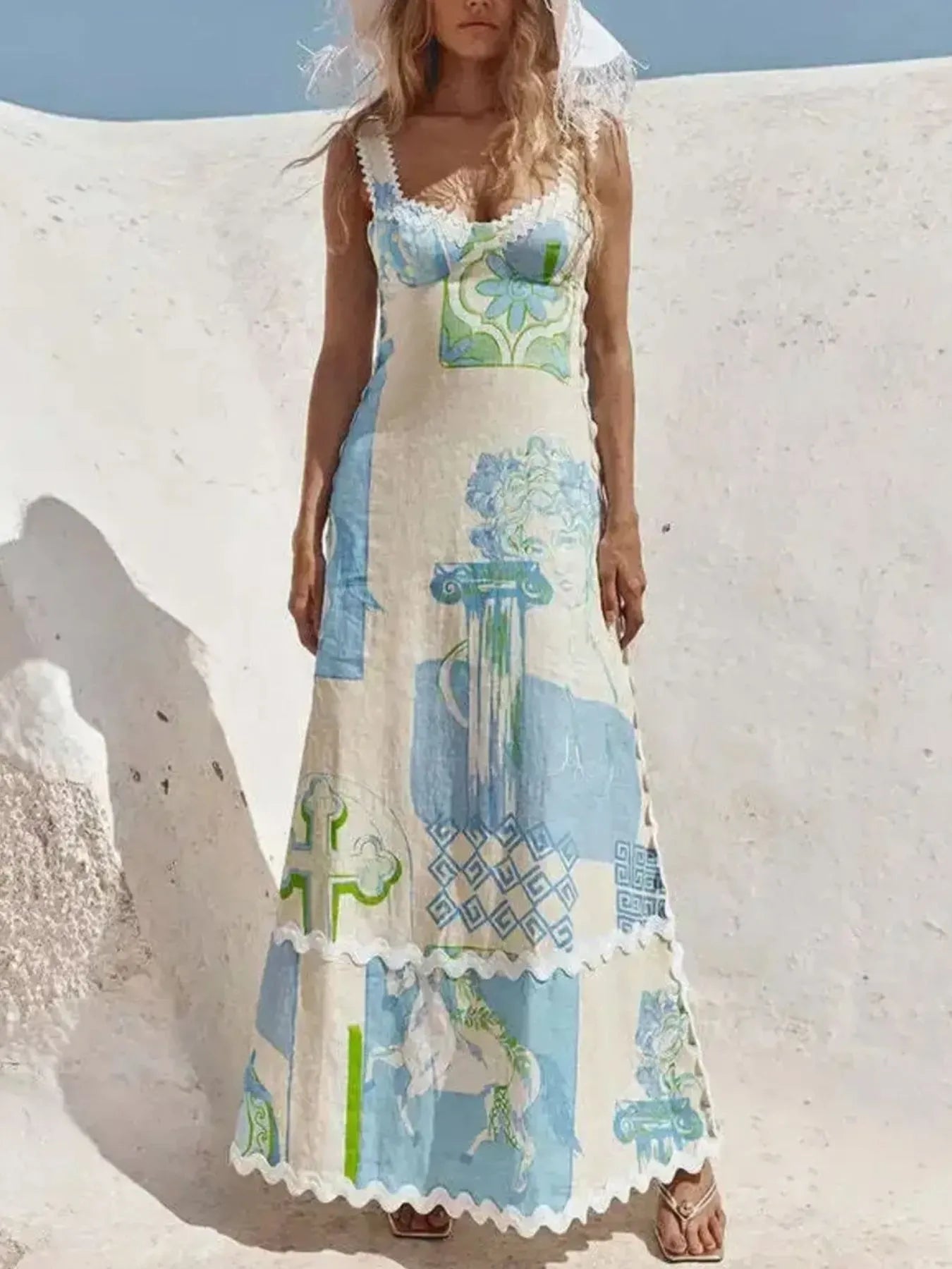 Tied Front Printed Slit Maxi Cami Dress - Smocked.