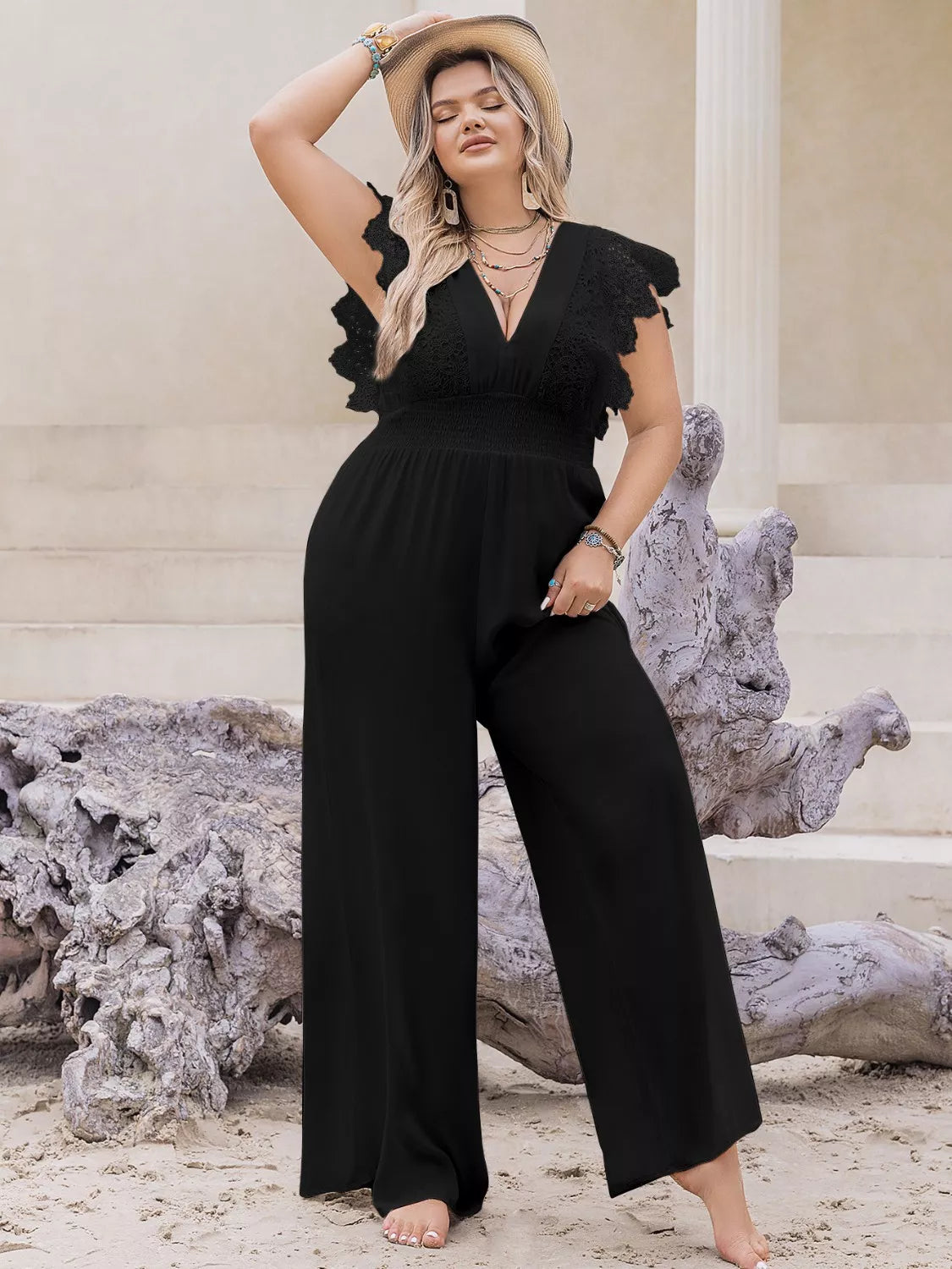 Plus Size Lace Cap Sleeve Wide Leg Jumpsuit with Buttons.