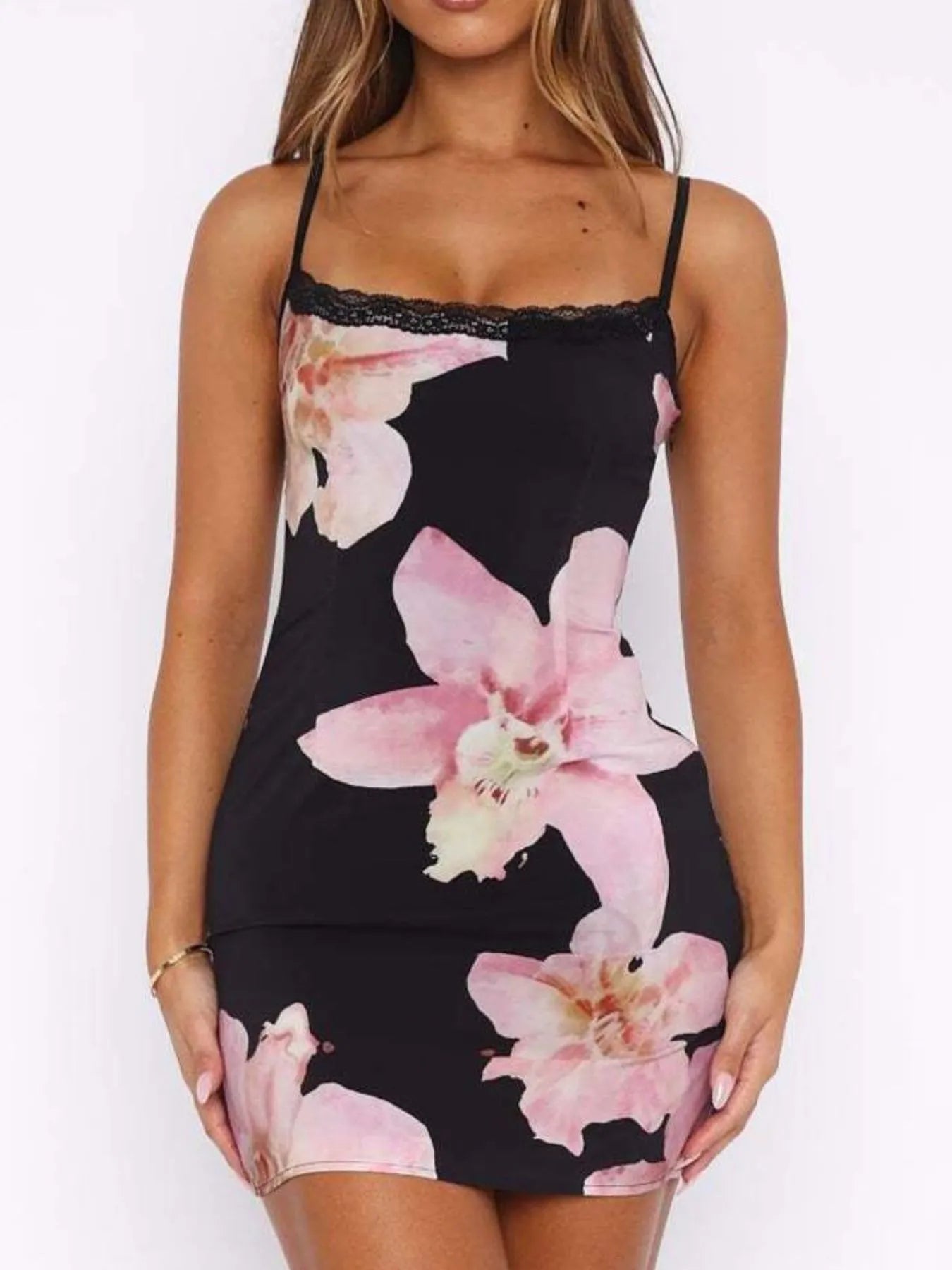 Floral Print Bodycon Maxi Dress with Spaghetti Straps.