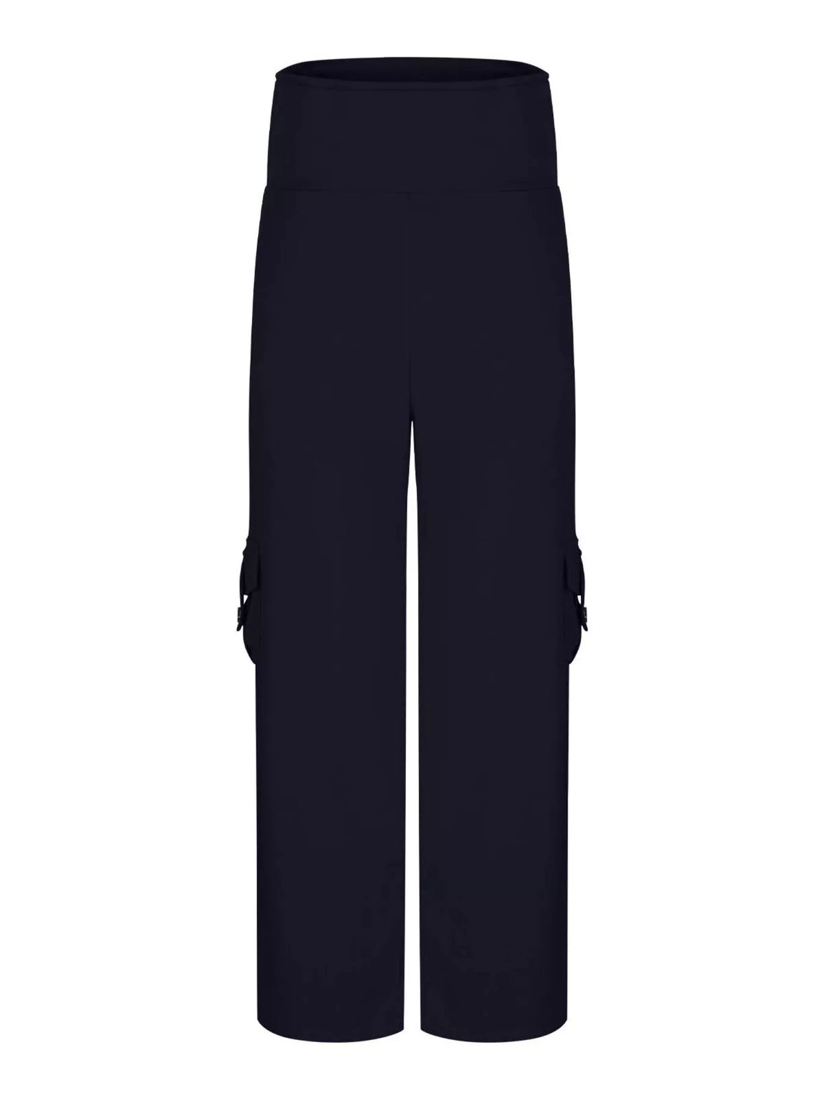 Black high-waisted yoga pants feature a wide waistband, straight-leg silhouette, and practical side pockets with flap construction.