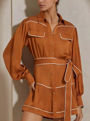 Button Front Long Sleeve Shirt Dress - Tiered & Belted.