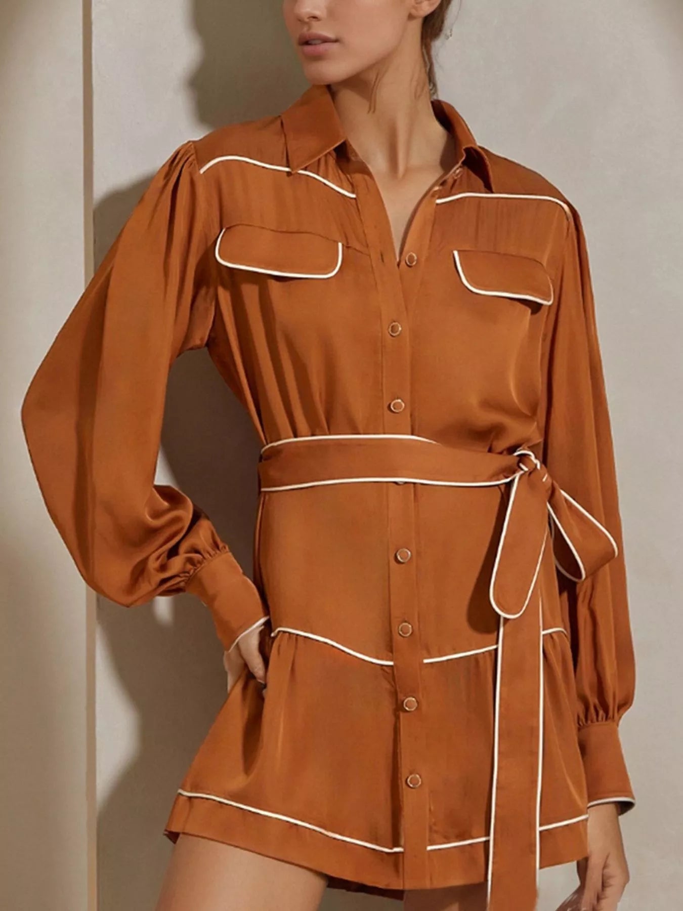 Button Front Long Sleeve Shirt Dress - Tiered & Belted.