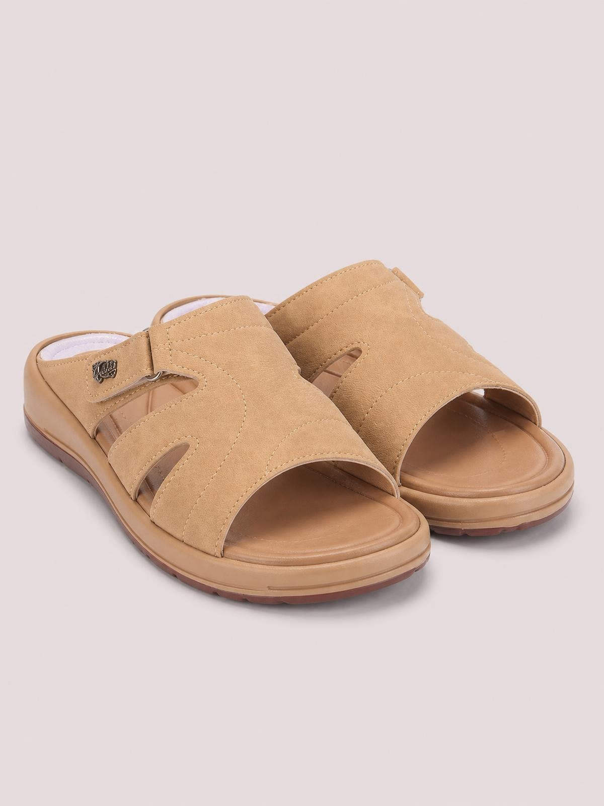 Tan PU leather cut-out platform slides with wide stitched straps, open toes, adjustable heel straps, and flat EVA soles.