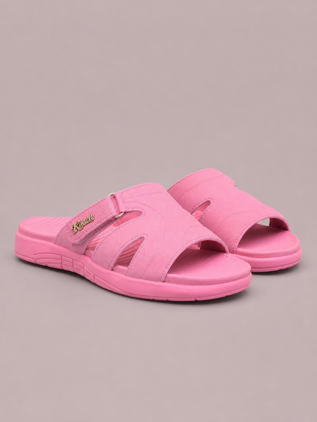 Bright pink casual comfort cut-out platform slides with wide straps, open toes, adjustable hook-and-loop closure, and flat textured soles.