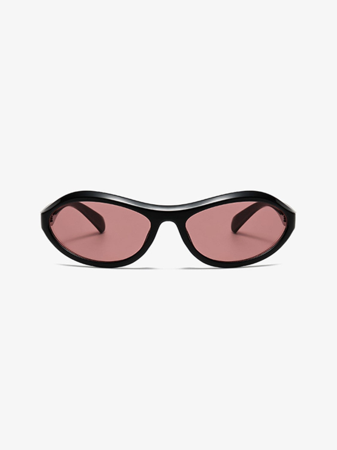Black cat-eye sunglasses feature sculpted polycarbonate frames, softly sweeping curves, tapered temples, and oversized pink-tinted lenses for a sleek retro silhouette.