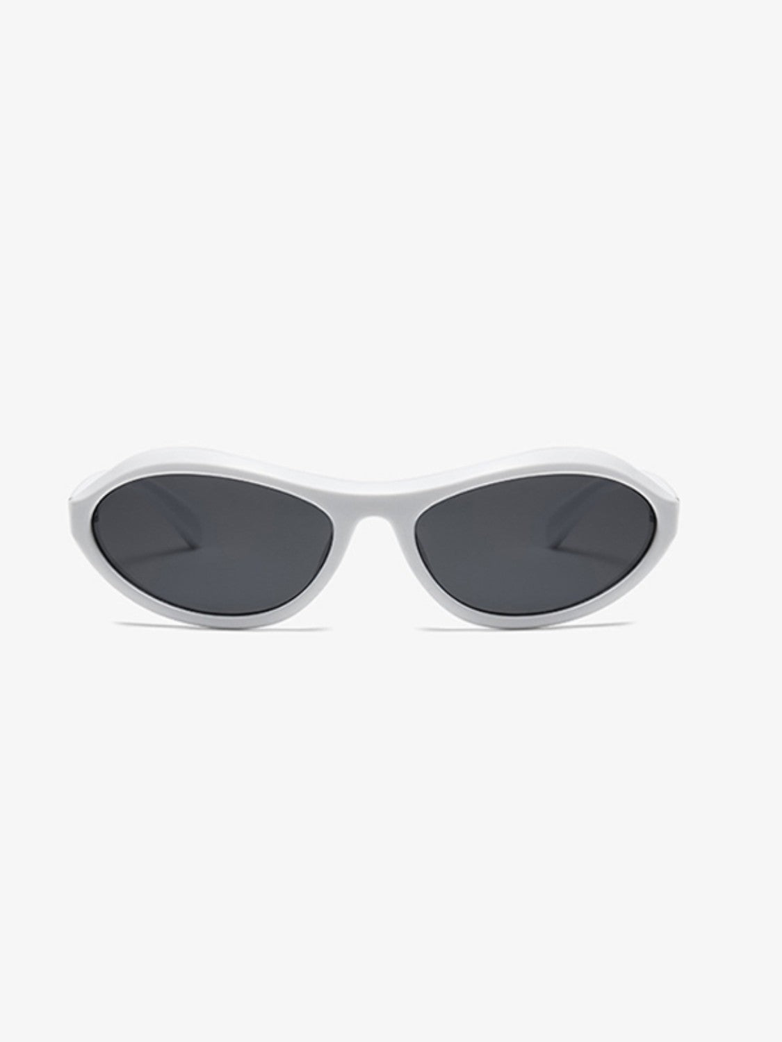 White polycarbonate cat-eye sunglasses feature dark lenses, softly curved sweeping frames, and a sleek tapered silhouette with retro-inspired definition.