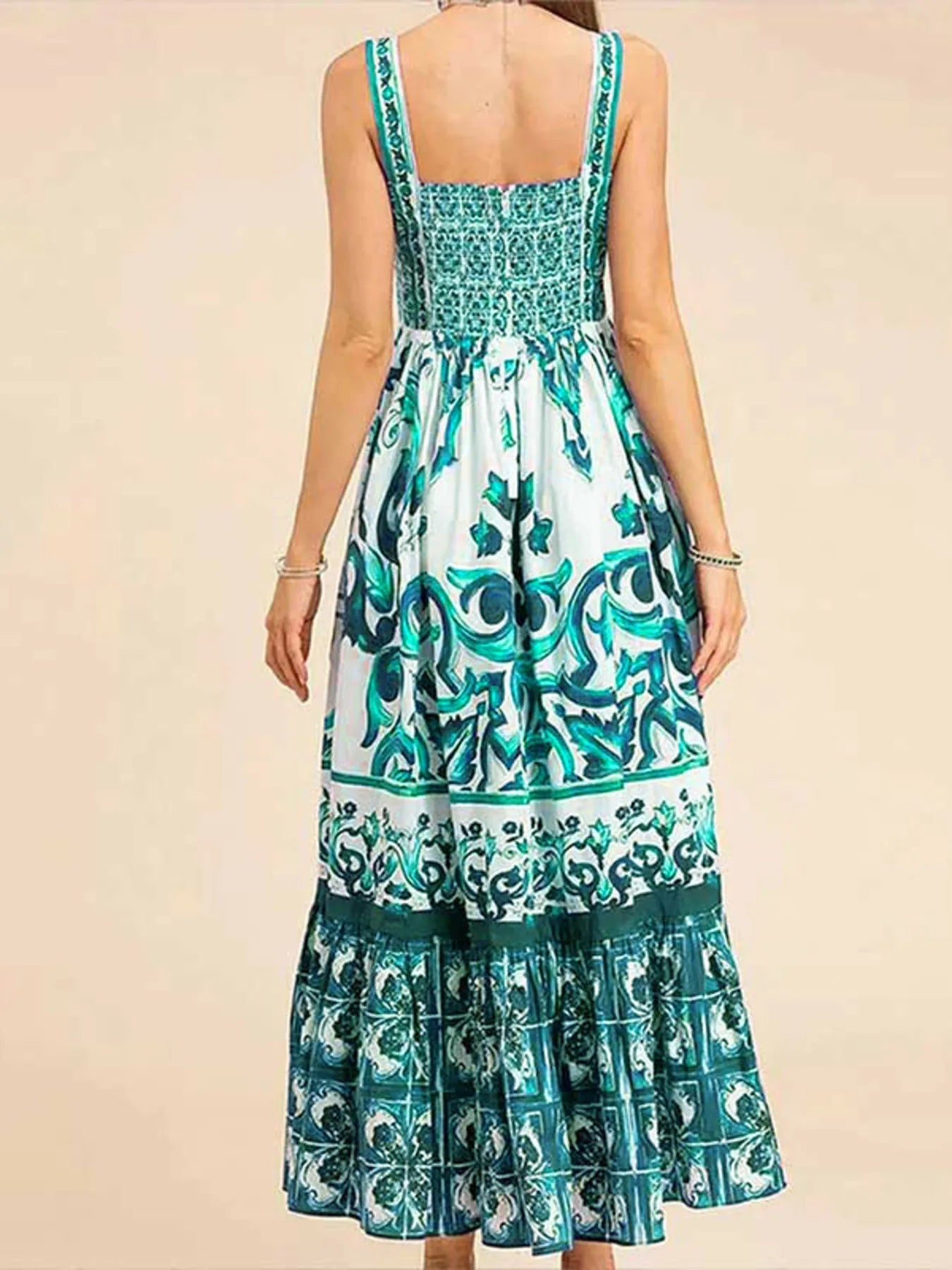 Printed Tie Neck Balloon Sleeve Dress.
