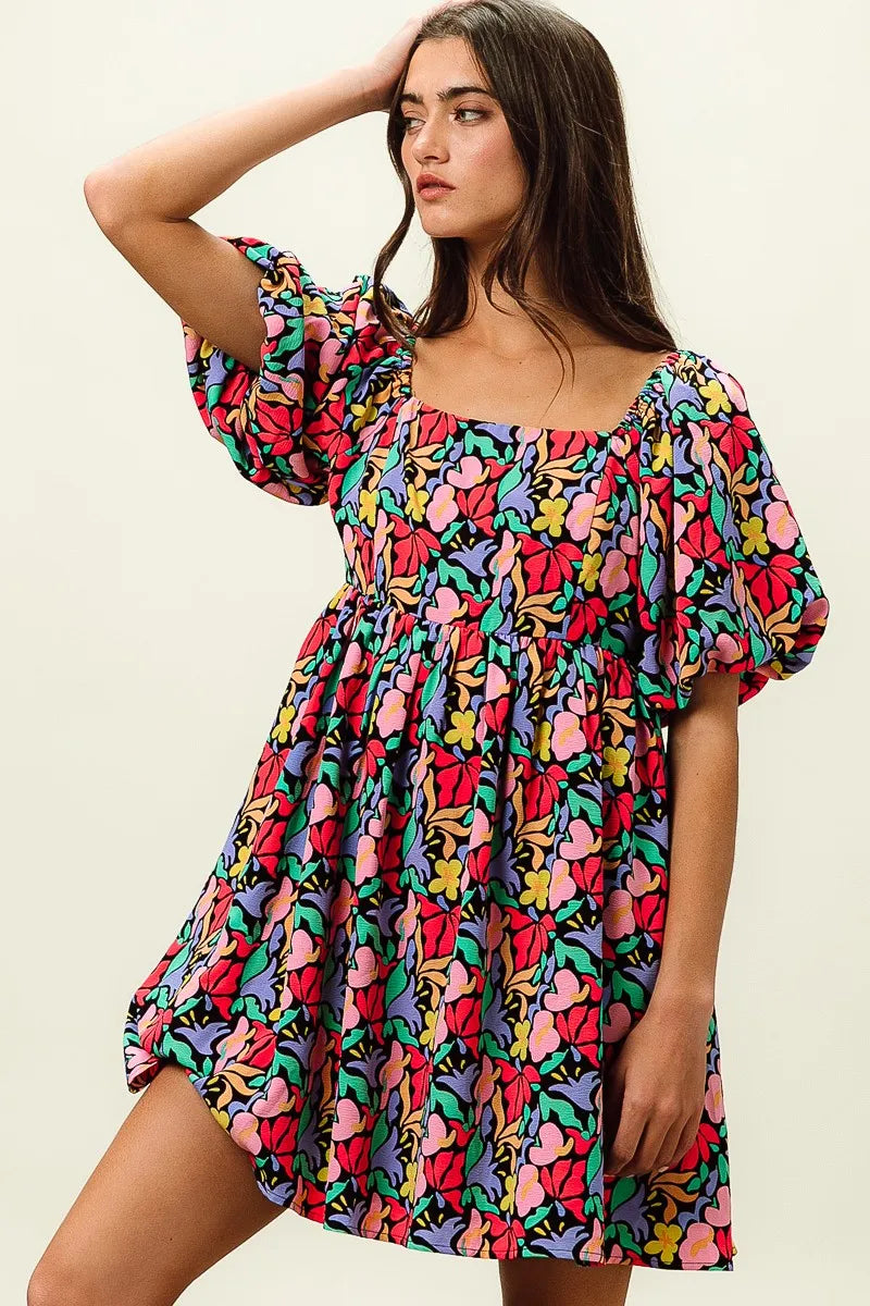 Floral Print Ruffled Hem Dress - Cutout & Tied.