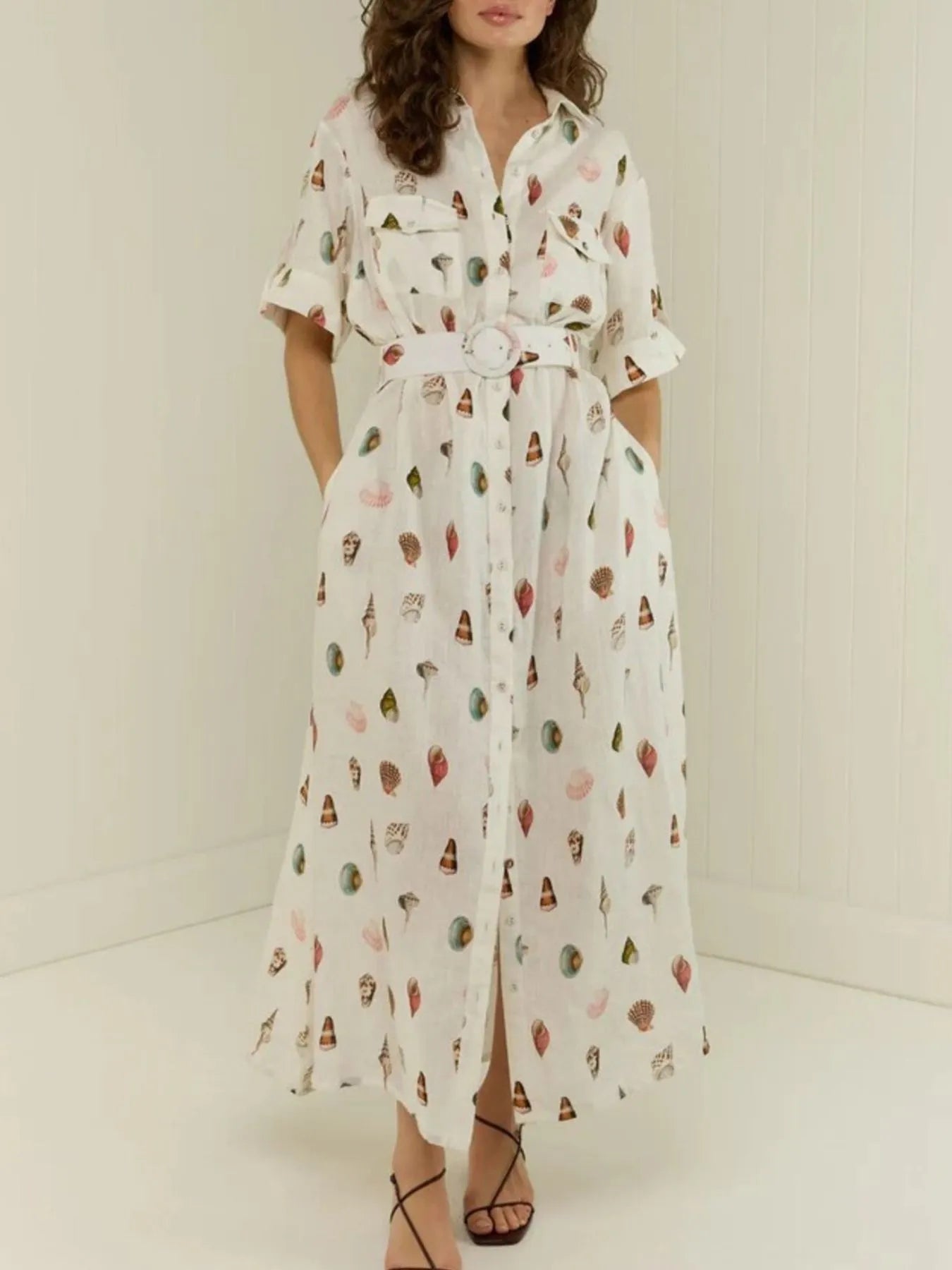 Printed Deep V-Neck Tie Shoulder Mini Dress - Backless & Zipper.