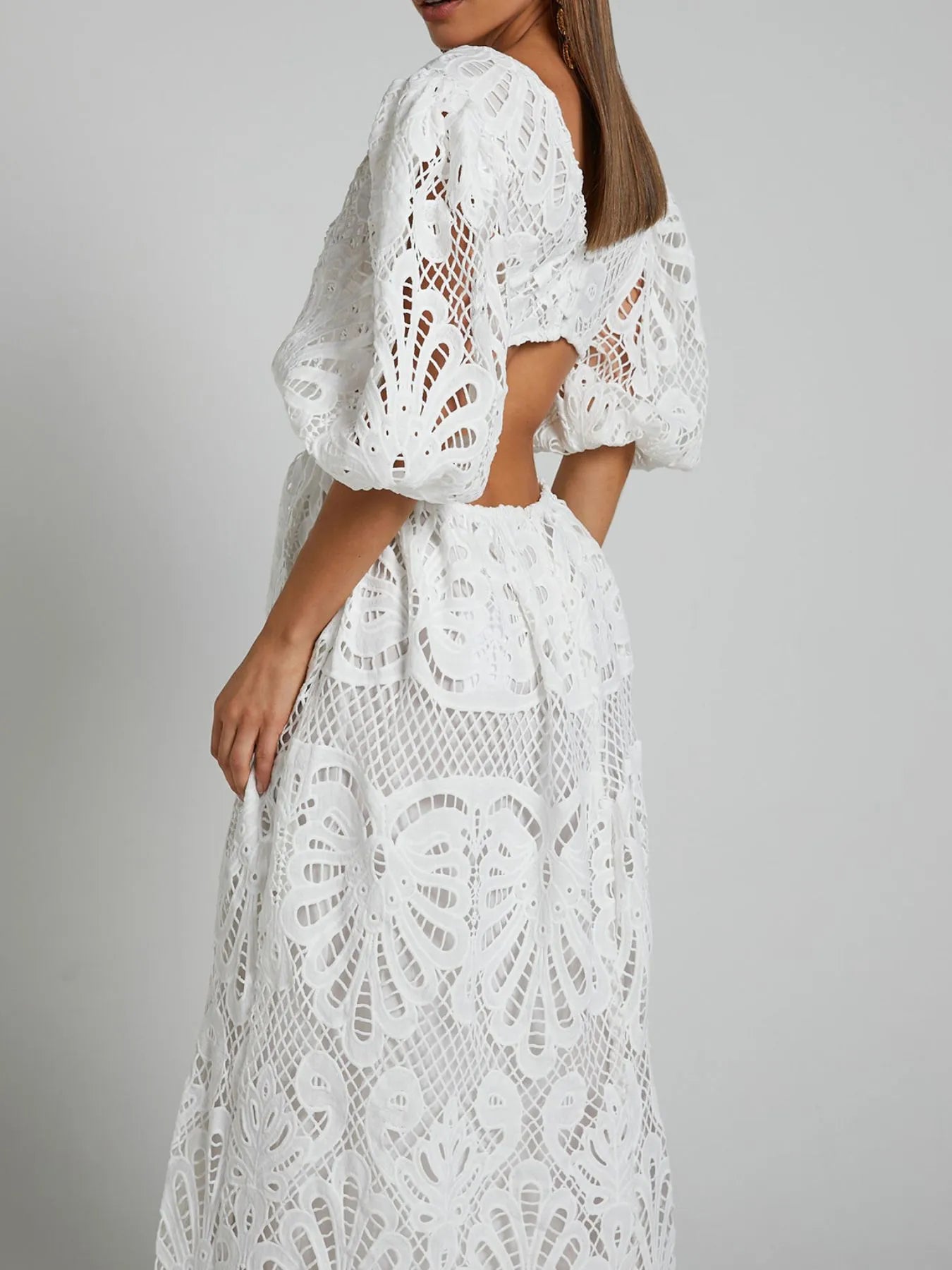 Cutout Back Lace Crochet V-Neck Dress.