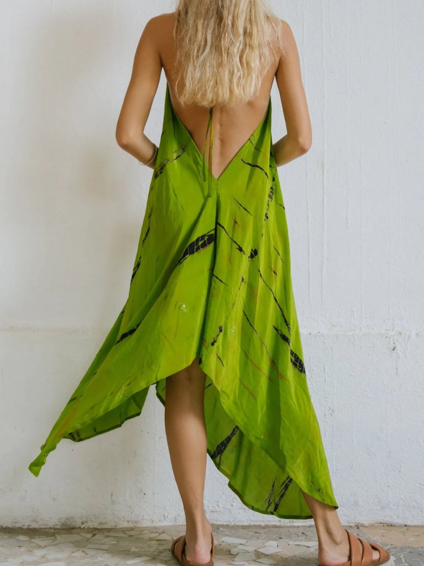 Asymmetrical Hem Printed Halter Neck Dress - Backless.