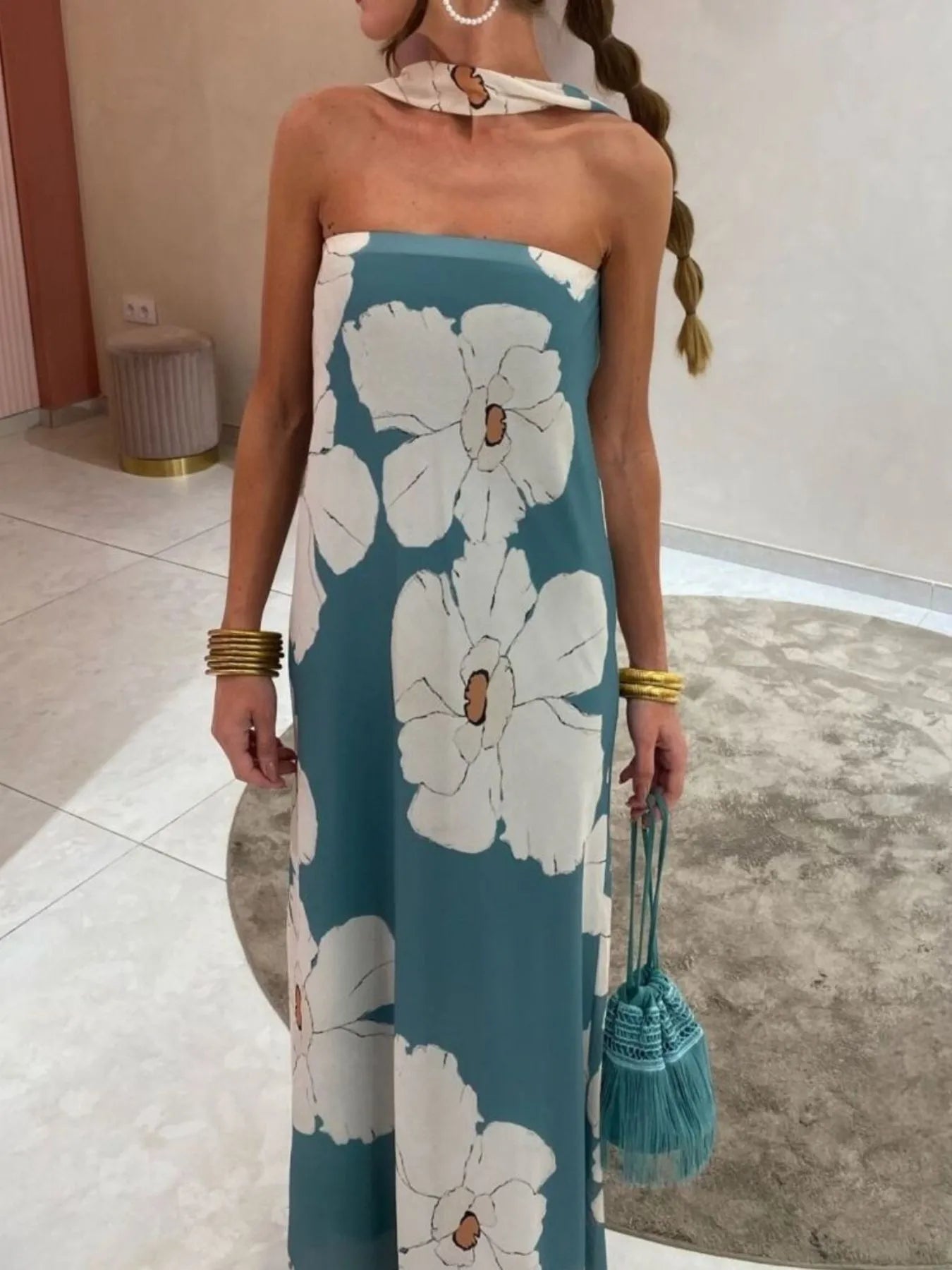 Printed V-Neck Cami Dress - Backless & Cutout.