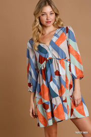Abstract V-Neck Tiered Printed Dress with Ruffles.