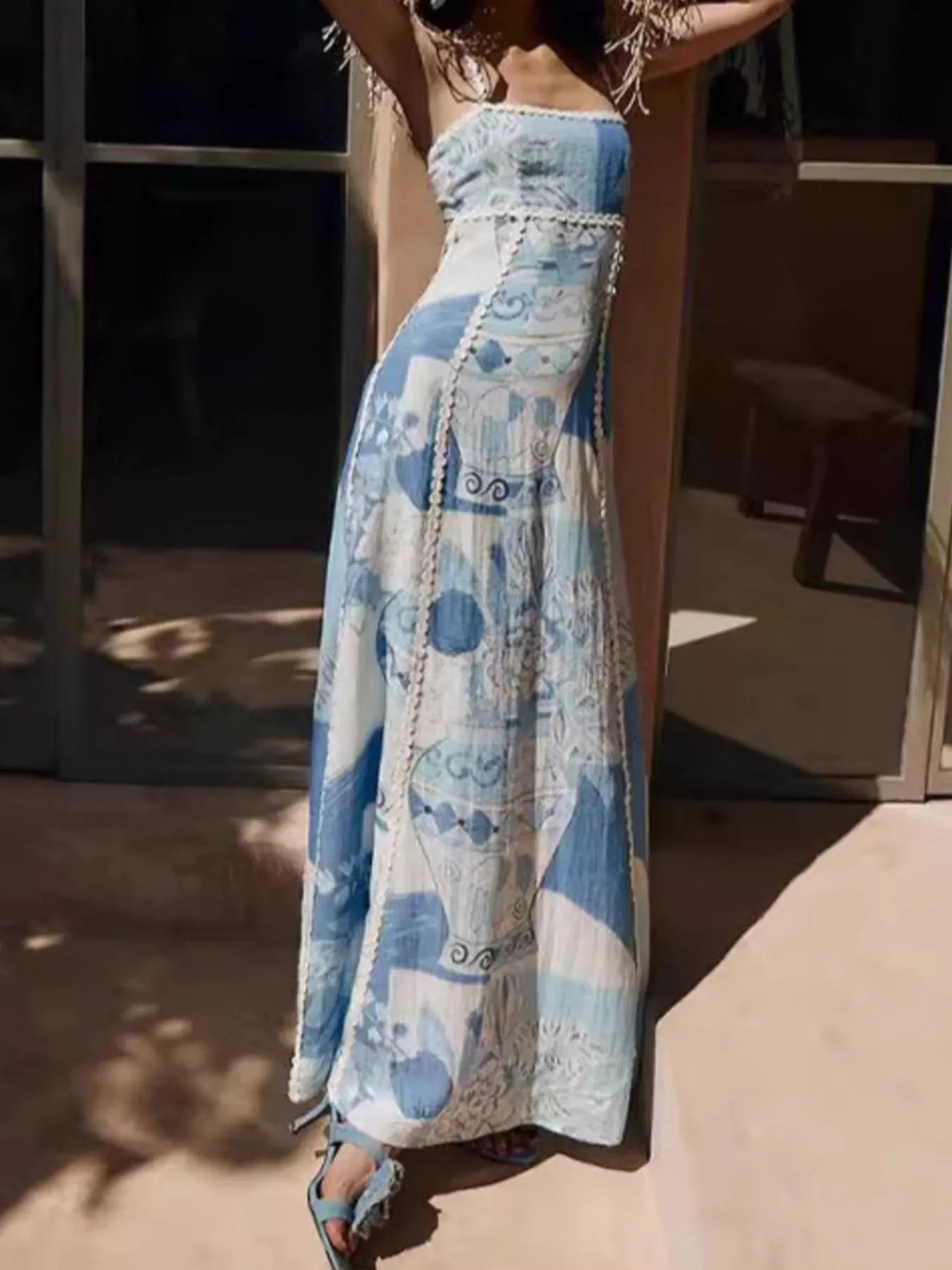 Printed Square Neck Cami Maxi Dress with Slit and Tie.