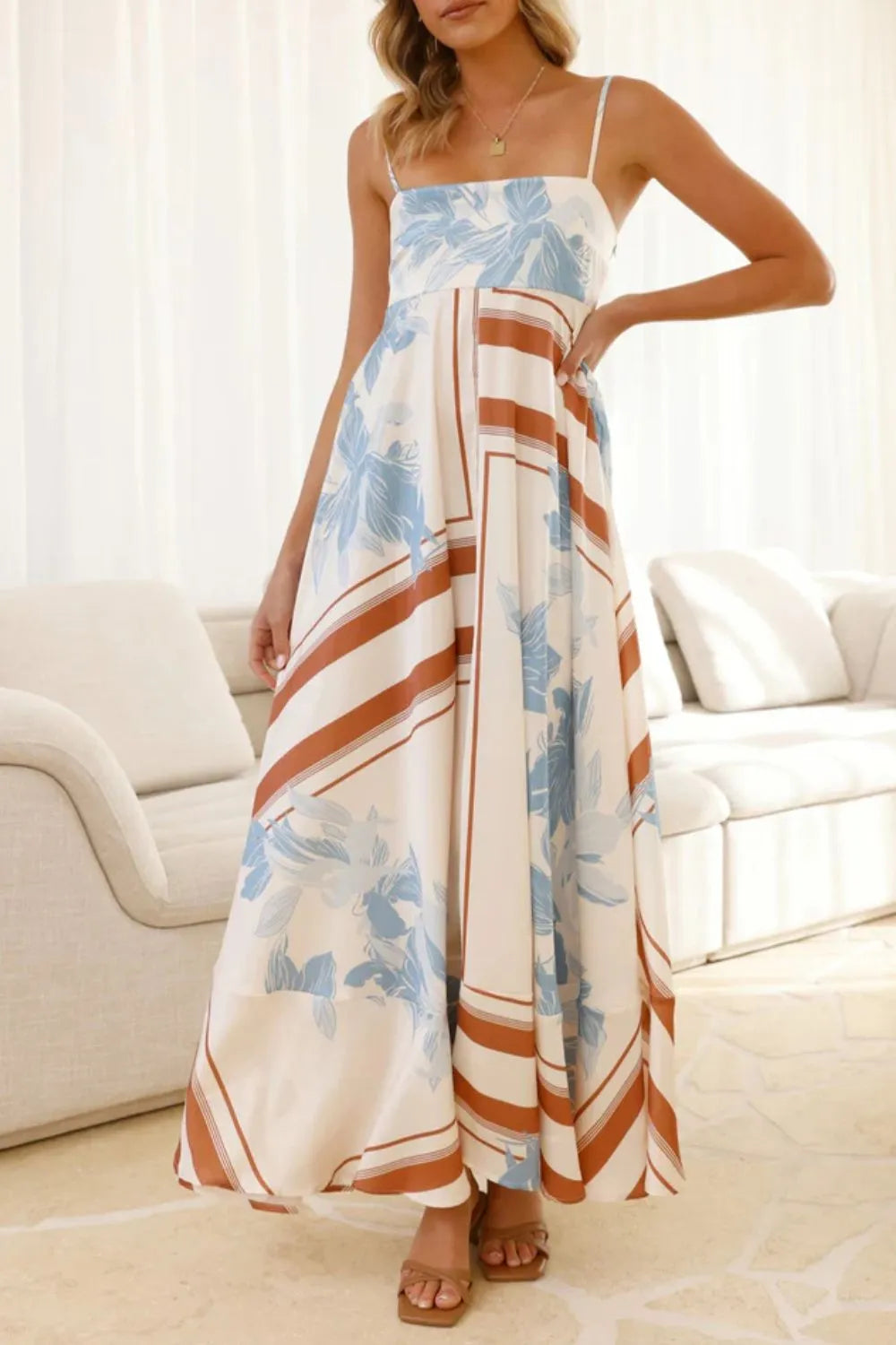 Printed Square Neck Maxi Cami Dress - Basic.