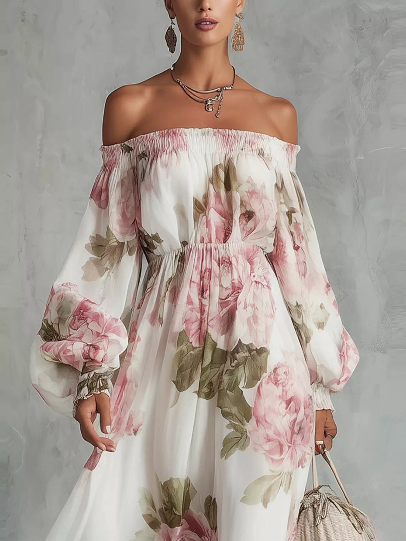 White floral off-shoulder maxi dress with smocked waist, ruffled details, and long flowy sleeves