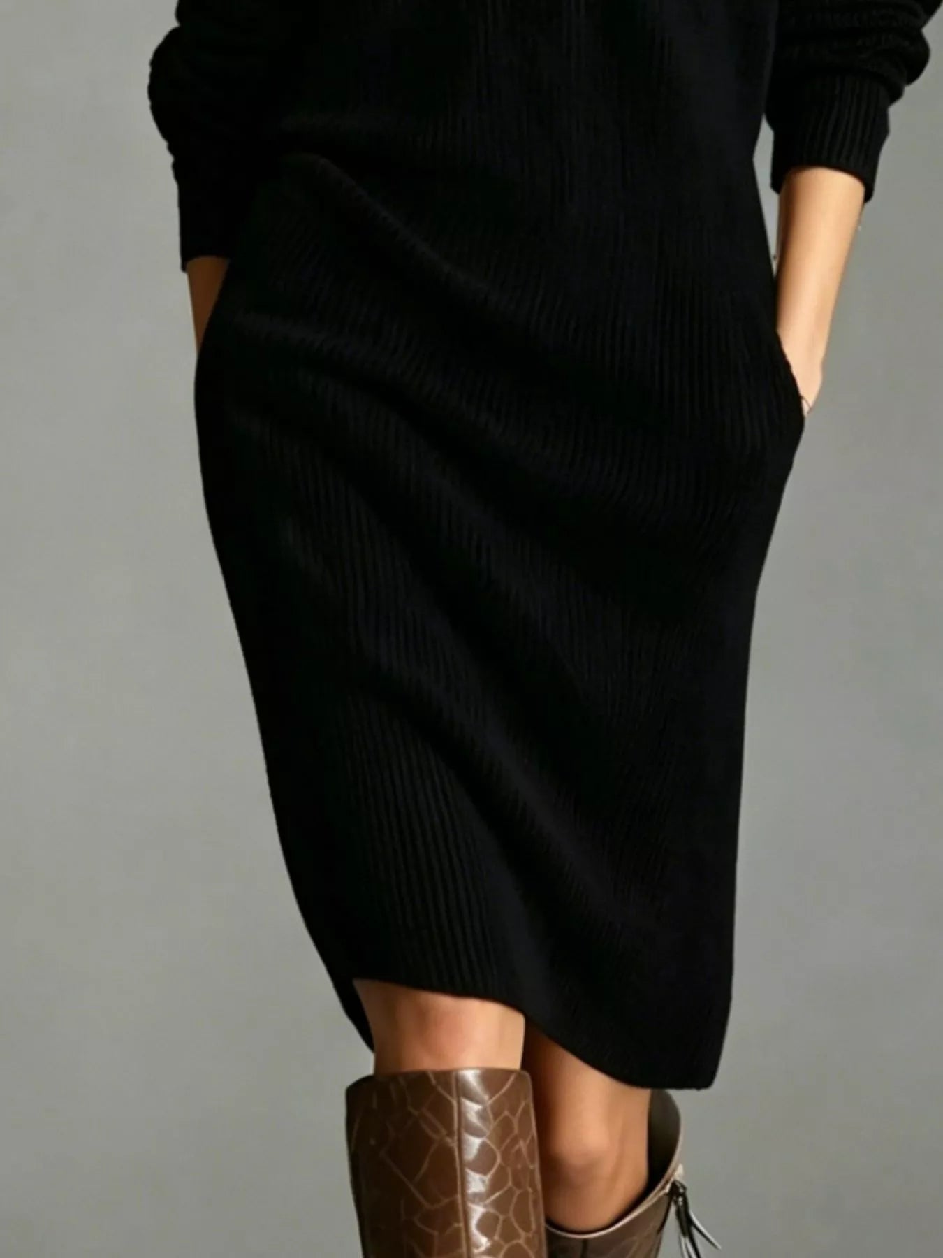 Long-sleeve ribbed knit midi dress with V-neck, half-button front, and side pockets