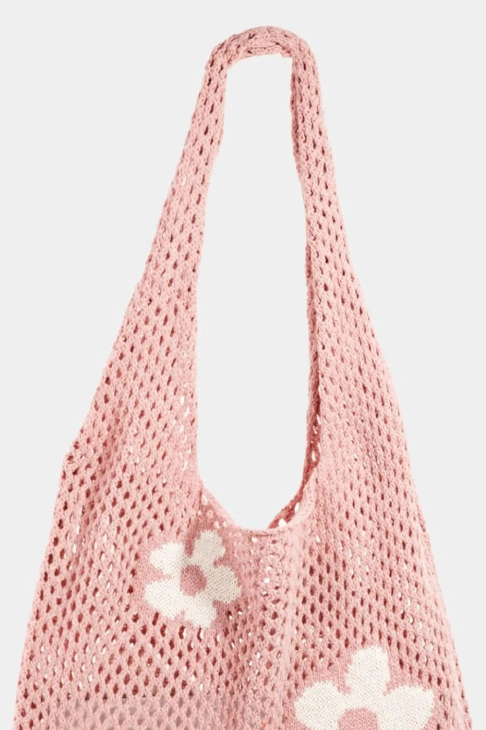 Flower Knitted Mesh Shoulder Bag - Large Pink Crochet Hobo.