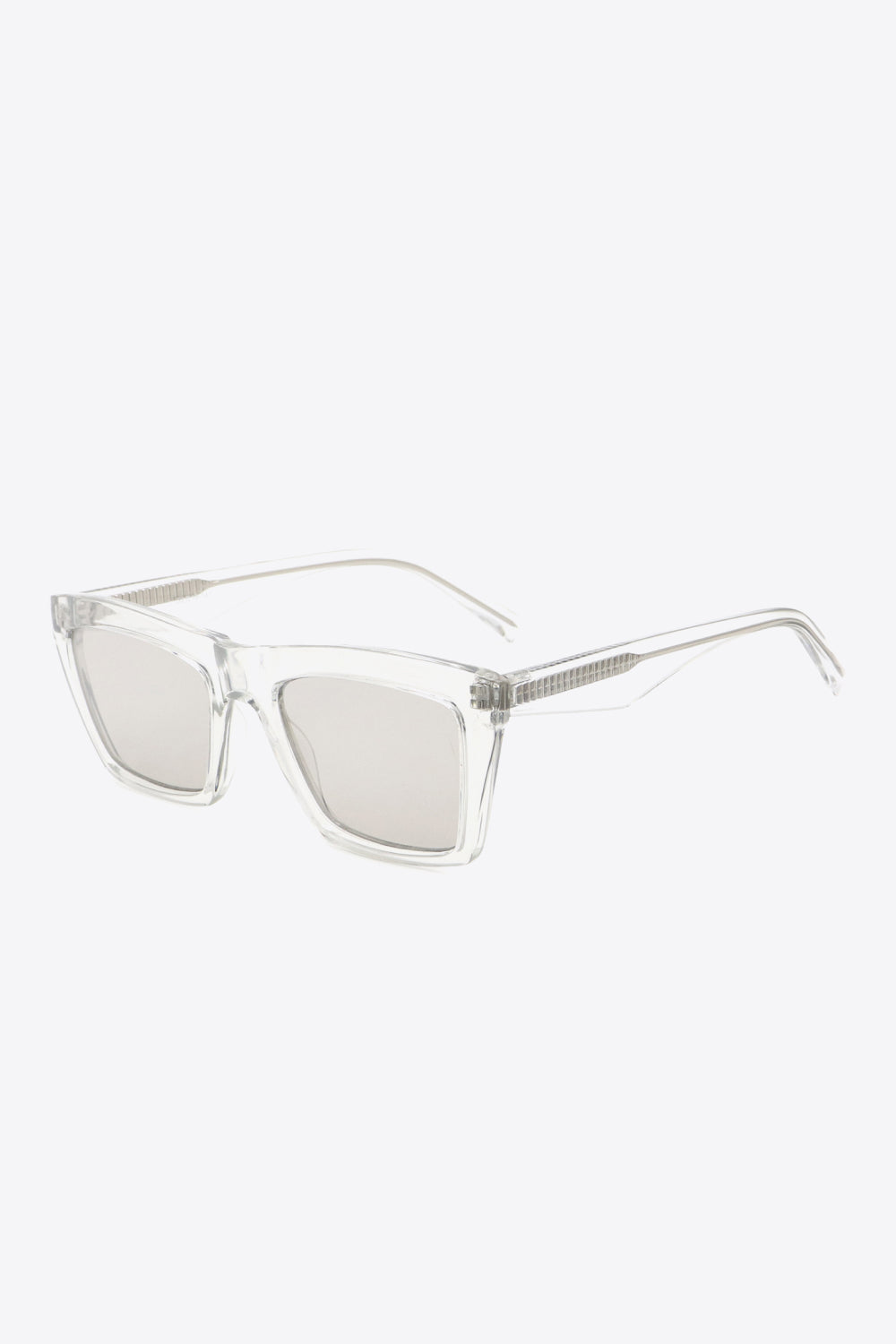 Light gray translucent rectangle sunglasses with softly rounded corners, a structured cellulose propionate frame, matching temples, and coordinated acetate lenses shown from a three-quarter view.